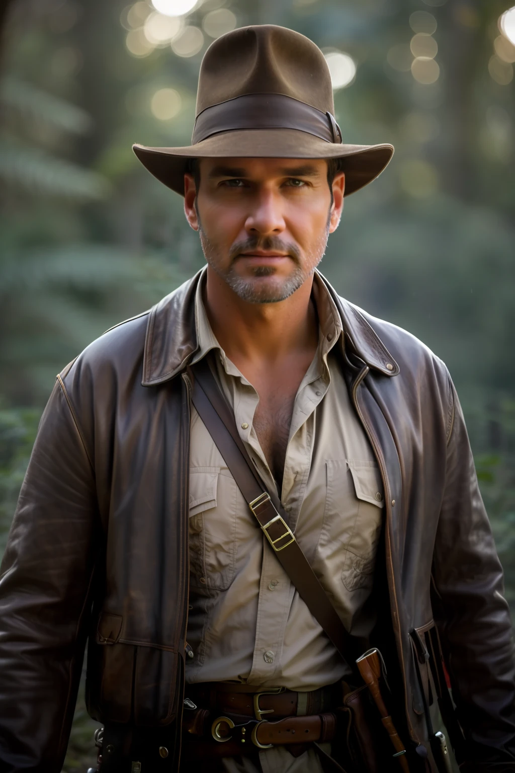 a Highly Detailed full portrait Photo of a man with a scruffy beard as Indiana Jones with hat, (Detailed Face), (perfect detailed eyes:1.1), (highly detailed skin:1.1), perfect athletic body, Modelshoot style, Professional Photography, Dramatic lighting, PHOTOREALISTIC, Cinematic, Realistic, sunset, standing in a forest jungle background, RAW, analog, sharp focus, 8k, high resolution, DSLR, high quality, Fujifilm XT3, award winning, masterpiece