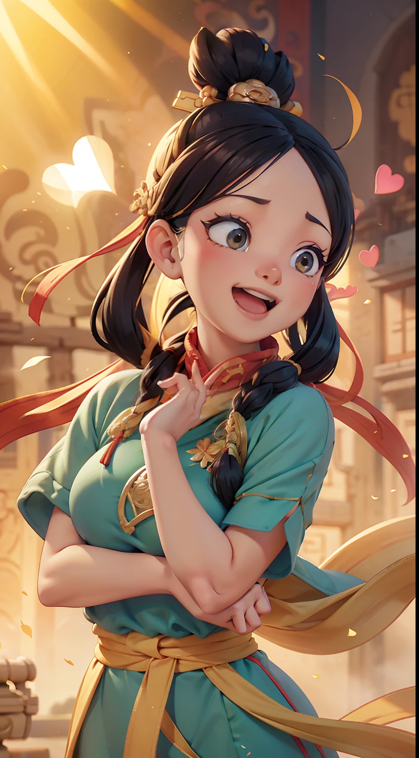 a girl, cosy sweater on, upper body, (huge Laughing:1.1), (open mouth:1.1), (wide open eyes:1.2), sun glare, bokeh, depth of field, blurry background, light particles, strong wind, (heart particles:1.1),dunhuang,Chinese Ancient Times，Fly in mid-air