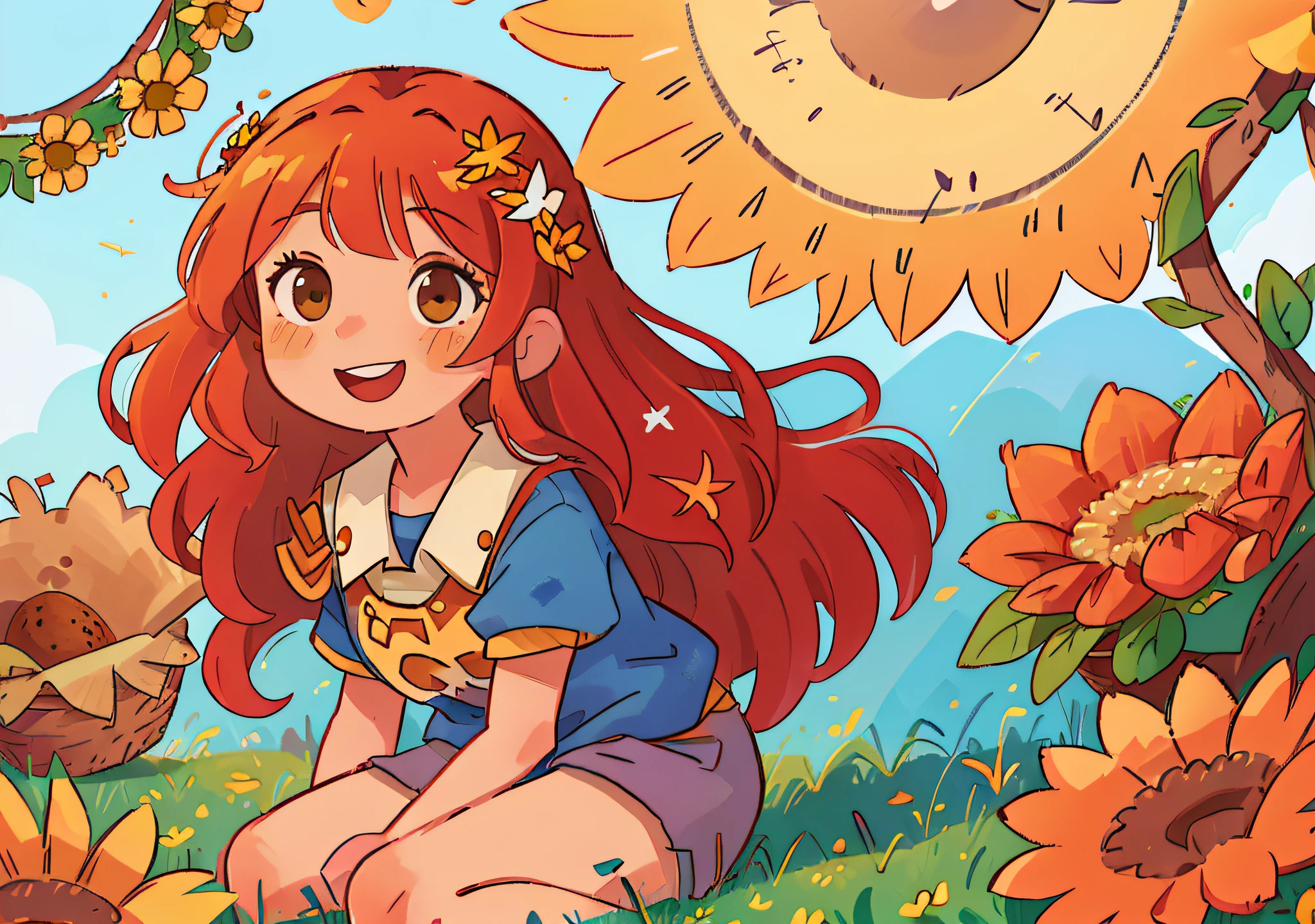 (girl:1.2),solo, (ginger curly long hair:1.1), brown eyes, wreath of daisies on her head, sitting in a field of daisies, smile, (fruit basket:1.1), blue shorts, red shirt, ((masterpiece)), (high quality), (best quality), (detailed), hd, perfect lighting, detailed face, detailed body,