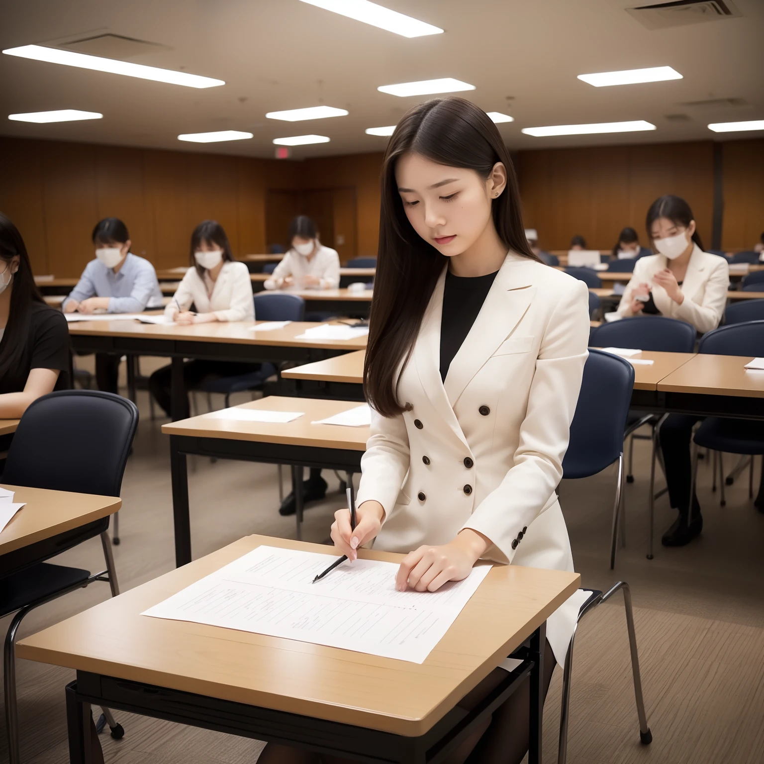 In a large meeting room National Exam Upper body of woman taking written exam