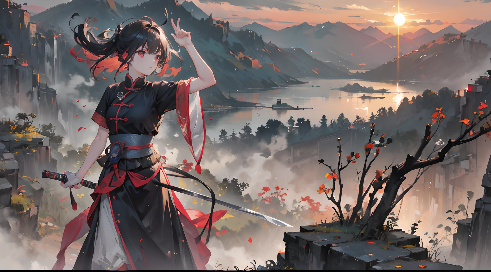 (best qualtiy),(tmasterpiece),(A high resolution),(far away from camera),(Background bokeh),(The light from the back window is backlighted),silhouette lighting,China-style,(knight-errant),holding a sword,(hair pin),exteriors,(standing on cliff),moutains,bamboo forrest,(Sunset light),Five normal fingers,Wear gloves on the right hand,Behind your left hand。