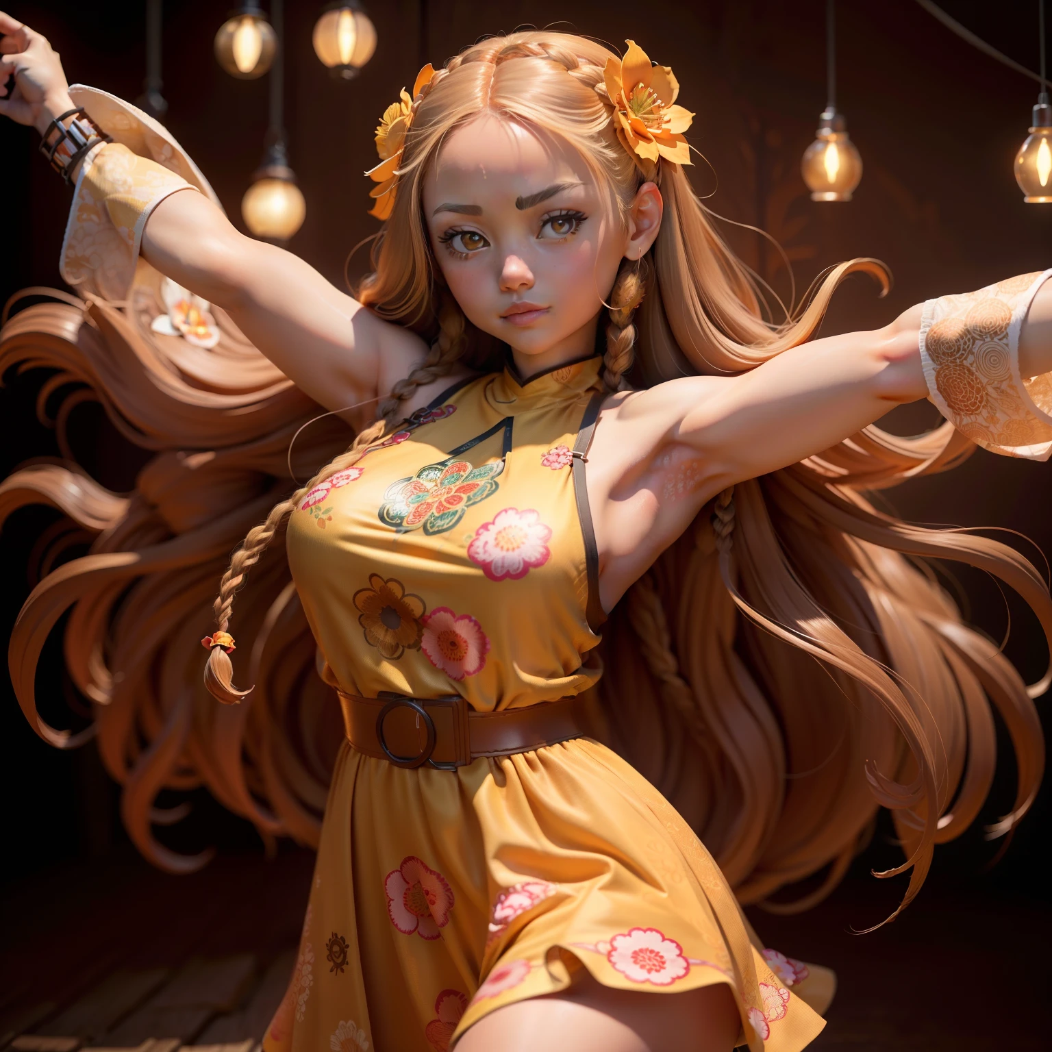 masutepiece,A beautiful and cute girl,long hair braided in apricot color,,,,Light brown glowing eyes,retro flower print dresses,(upperbody shot:1.5) Flower-shaped zentangle,Photo 8k