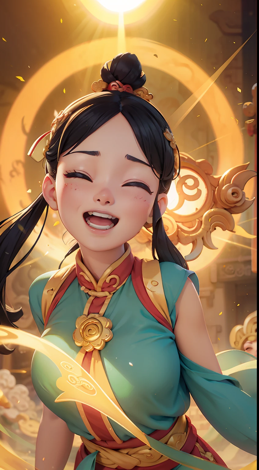 A girl, Upper body, (huge Laughing:1.1), (Open mouth:1.1), (opens his eyes wide:1.2), Sun glare, Bokeh, Depth of field, The background is blurred out, Light particles, strong winds, (Heart particles:1.1),dunhuang,Chinese Ancient Times