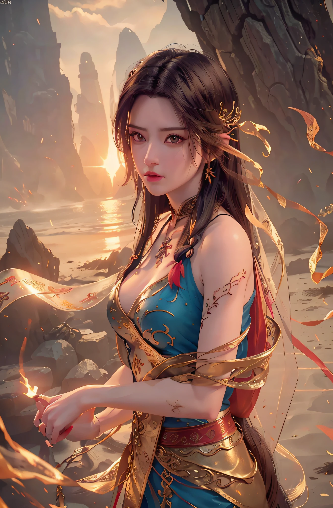 (RAW Photo, Best Quality), (Realistic, Photo Realistic: 1.3), Best Quality, Highly Detailed, Masterpiece, Hyperdetail, Illustration, 1 Girl, upper_body, Dynamic Angle, ((Beach)), messy_long_hair, Best Quality, Extremely Detailed CG Uniform 8k Wallpaper, Ink, Amazing, Cinematic Lighting, lens_flare,dunhuang_style