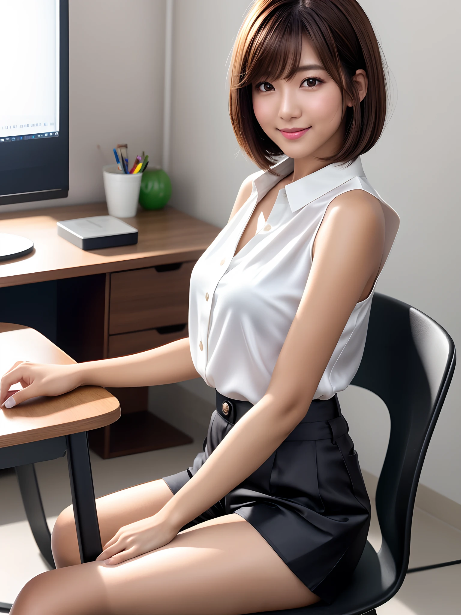 product quality, 1 girl per 1 photo, cowboy shot, front view, a Japanese young pretty girl, bob hair, wearing a sleeveless satin silk white blouse with a collar, wearing short pants, sitting on a chair with a smile in front of her desk in her room, a pc on the desk, hyper cute face, glossy lips, double eyelids for both eyes, natural makeup, shiny smooth light brown hair of bob hair, asymmetrical bangs, tanned skin, central image, 8K resolution, high detail, detailed hairstyle, detailed face, cinematic lighting, octane rendering, hyper realistic, perfect limbs, perfect anatomy