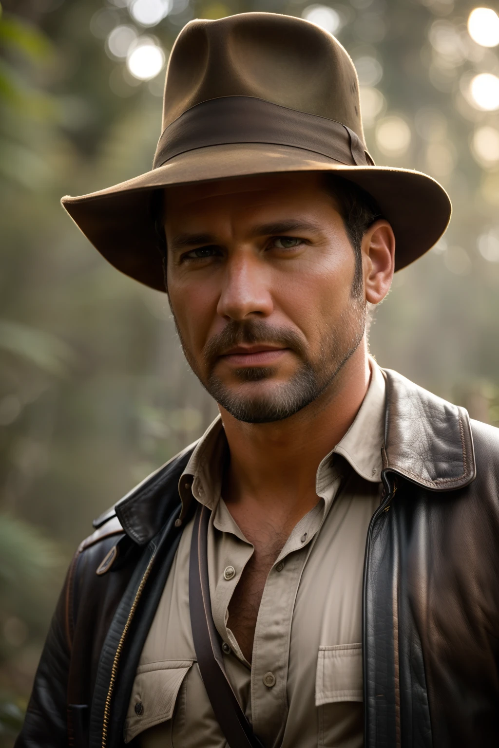 a Highly Detailed full portrait Photo of a man with a scruffy beard as Indiana Jones with hat, (Detailed Face), (perfect detailed eyes:1.1), (highly detailed skin:1.1), perfect athletic body, Modelshoot style, Professional Photography, Dramatic lighting, PHOTOREALISTIC, Cinematic, Realistic, sunset, standing in a forest jungle background, RAW, analog, sharp focus, 8k, high resolution, DSLR, high quality, Fujifilm XT3, award winning, masterpiece