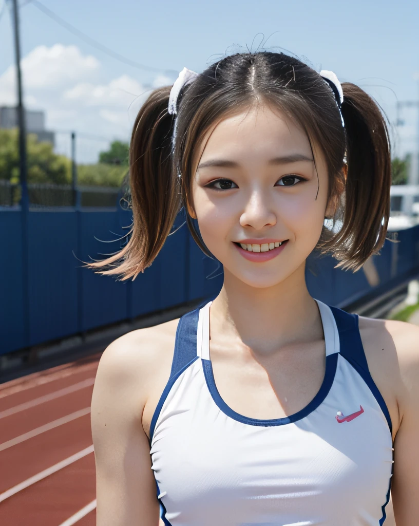 zydG, 1girls, Front view, stand, looking the viewer, exposed skin, (from below),brown-eyed, (Short twin tail hair:1.2), (light hair), (medium breasts:1.4), smile with white teeth, (photorealestic:1.4), (Top image quality:1.0), (UltraHighResolution:1.0), 8K, Raw photography, (A masterpice:0.2), track and field uniforms, show abs, (sweat, wetty:1.1), portlate, facefocus, ful body,(pureerosface_v1:0.5), outdoor, track and field,