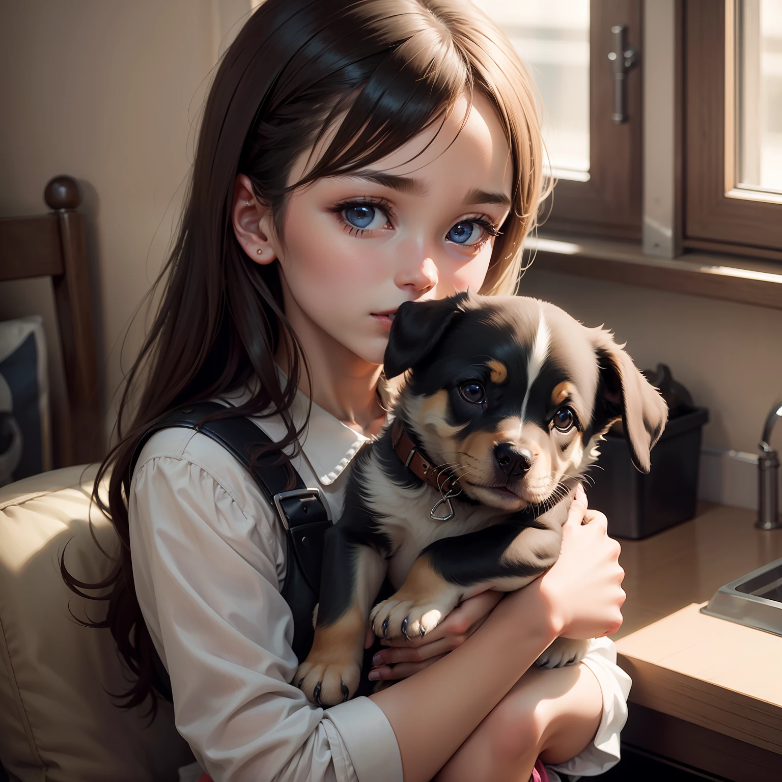 A girl, holding a puppy.