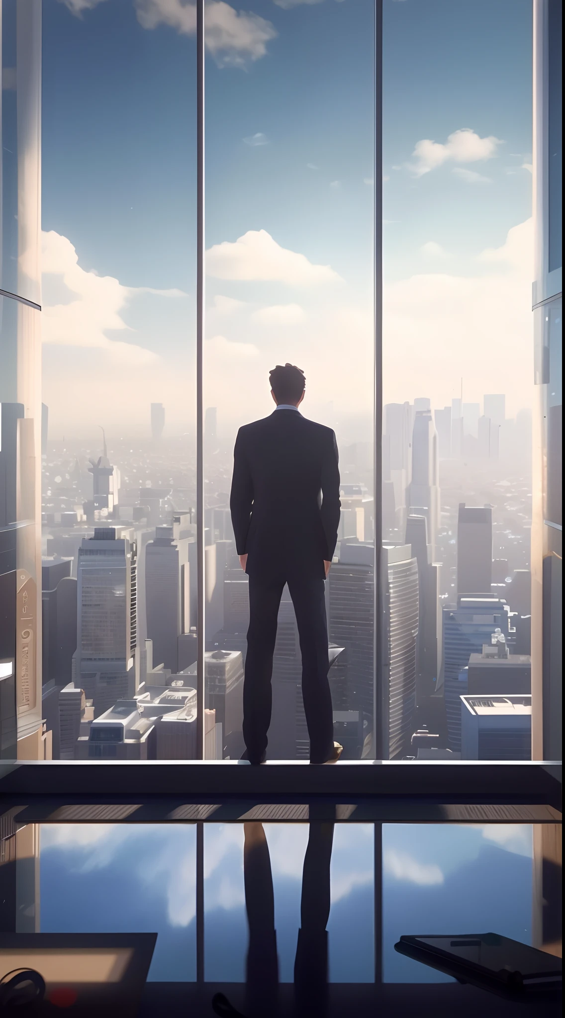 The boss stood in front of the window with his hands in his pockets,Looking out over the city,commerce,Business suit, overlooking a modern city, standing on the roof of a skyscrapper, detailed cinematic rendering, standing on top of a skyscraper, corporate animation style, Makoto Shinkai. rendering by octane, looking at the city, looking over city, film render, 2020 video game screenshot