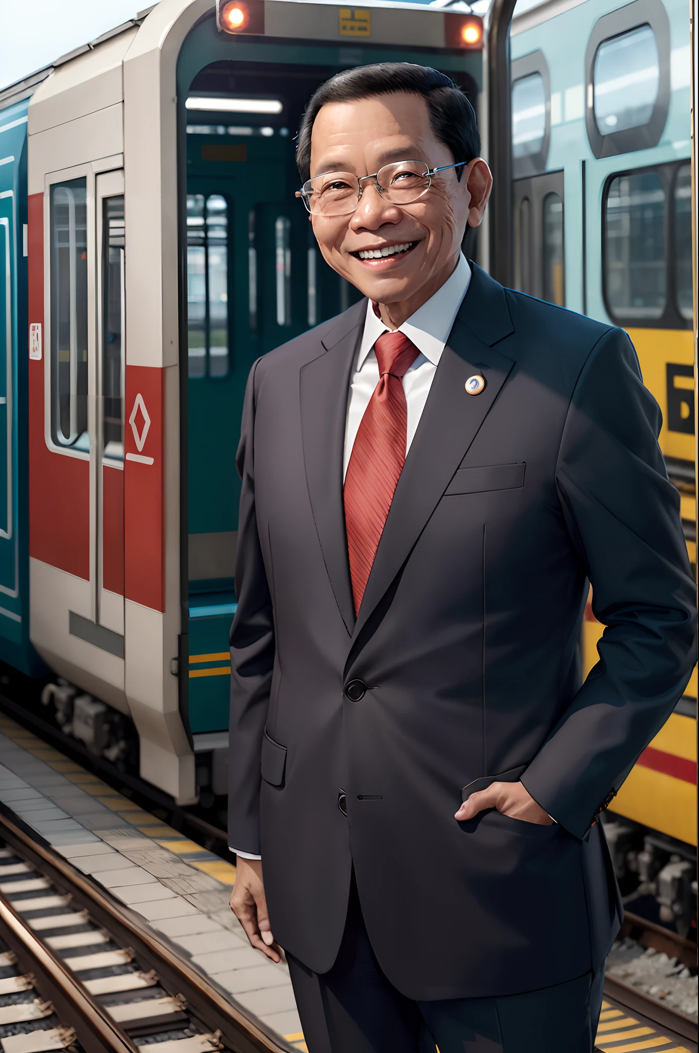 Photo realistic of Indonesian president smiling while standing beside LRT train, high quality image, super detail, dawn