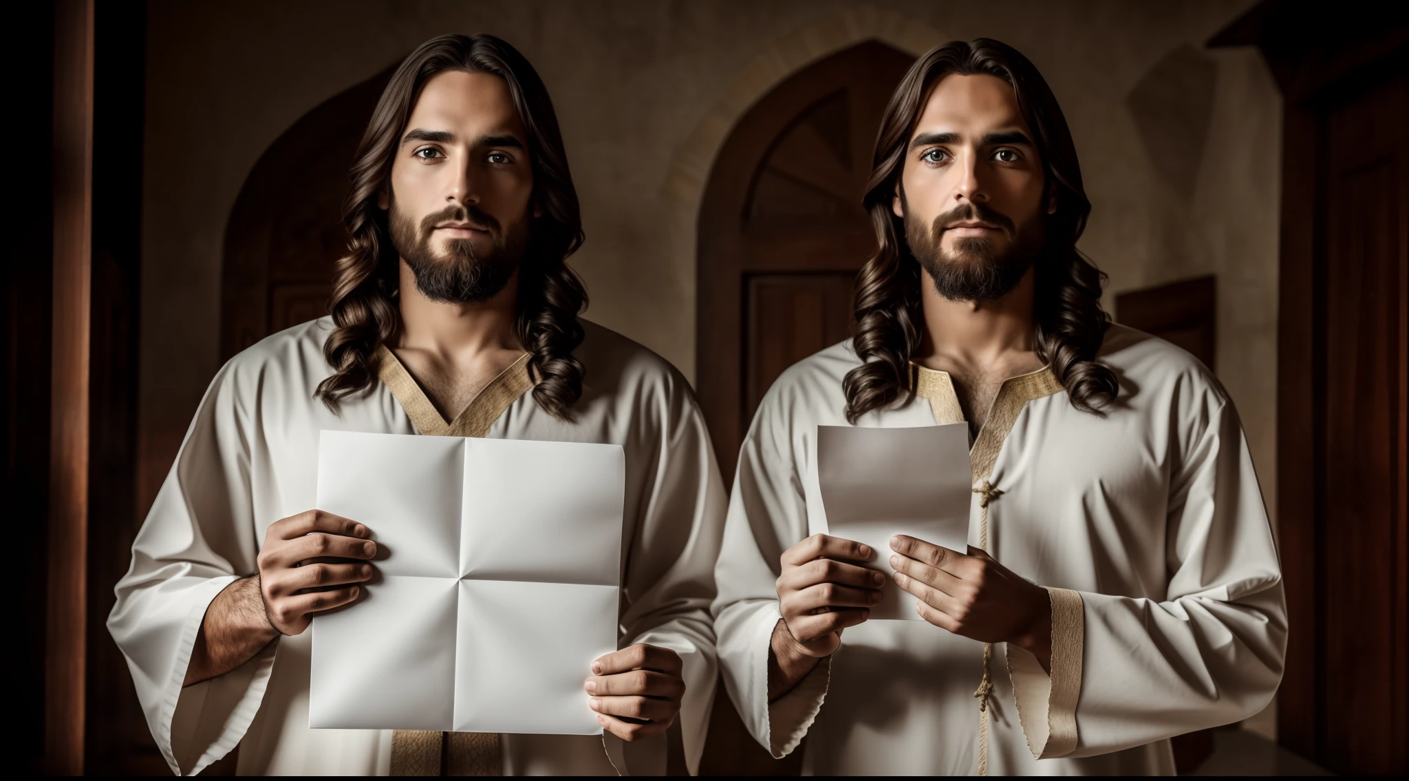 Jesus Christ in period garb with a letter in hand, melhor qualidade, Foto premiada, 8k, circunstanciado, Ambiente de melhor qualidade, envelope com bordas douradas, perfect hands, 4 hands with fingers