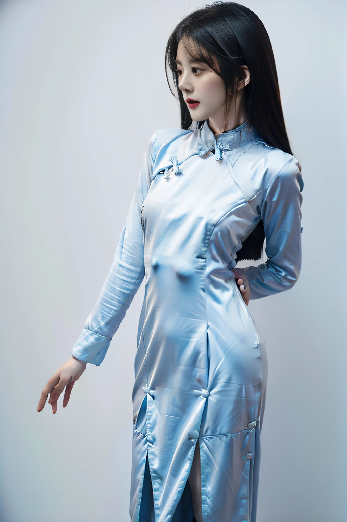 1girll, Moyou, clothes_on cheongsam , full bodyesbian, standing, Pure white background, profesional photo