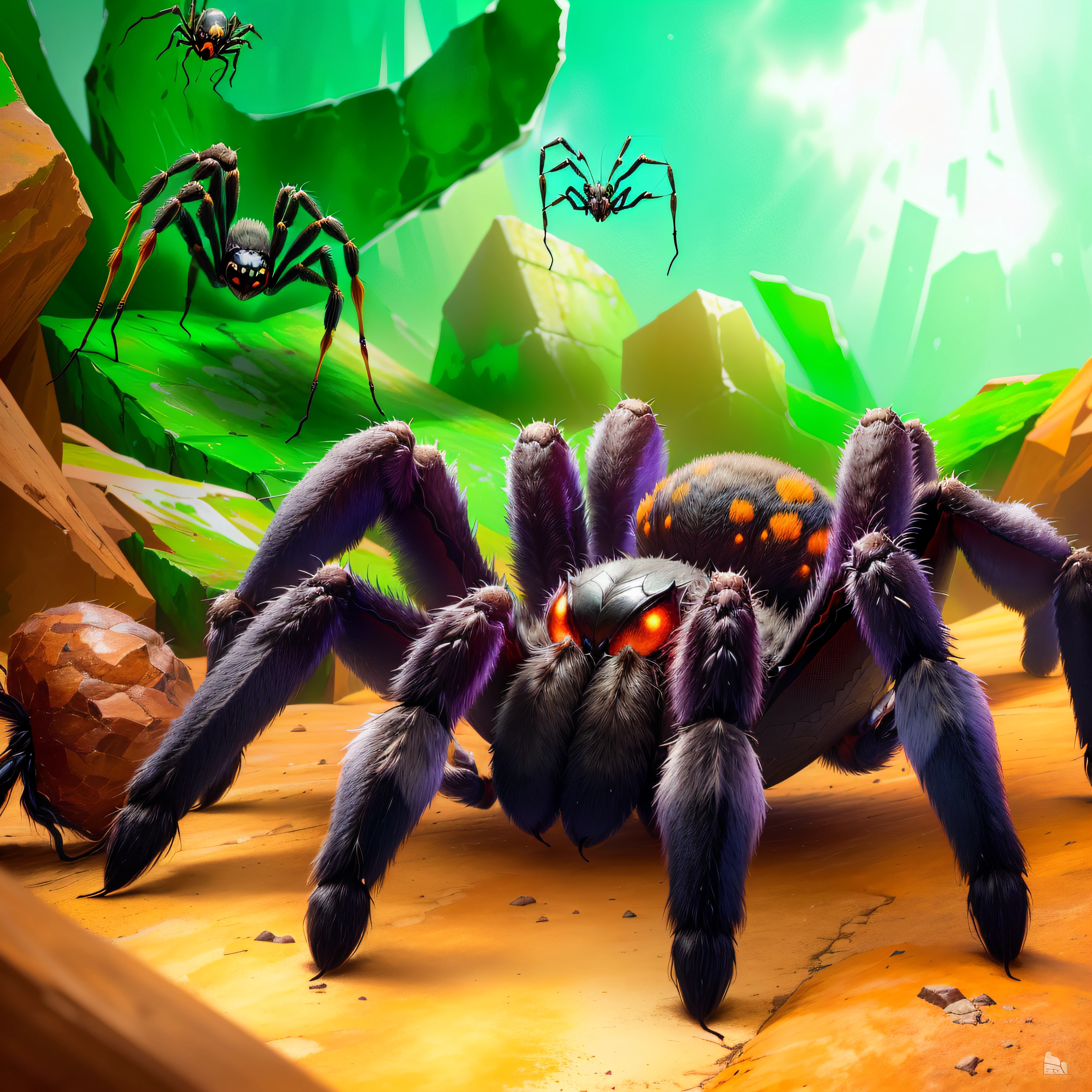 A close-up of a spider on a rock with a spider in the background, a cute spider, Fear of spiders, Spiders!!!!, Great spider, An ugly giant spider, Spiders, violet spiders, aracnofobia, giant spider, spider, Adorable pintura digital, Giant spider in the foreground, Pintura digital altamente detallada, Pintura digital altamente detallada, large spider legs, into the spider verse