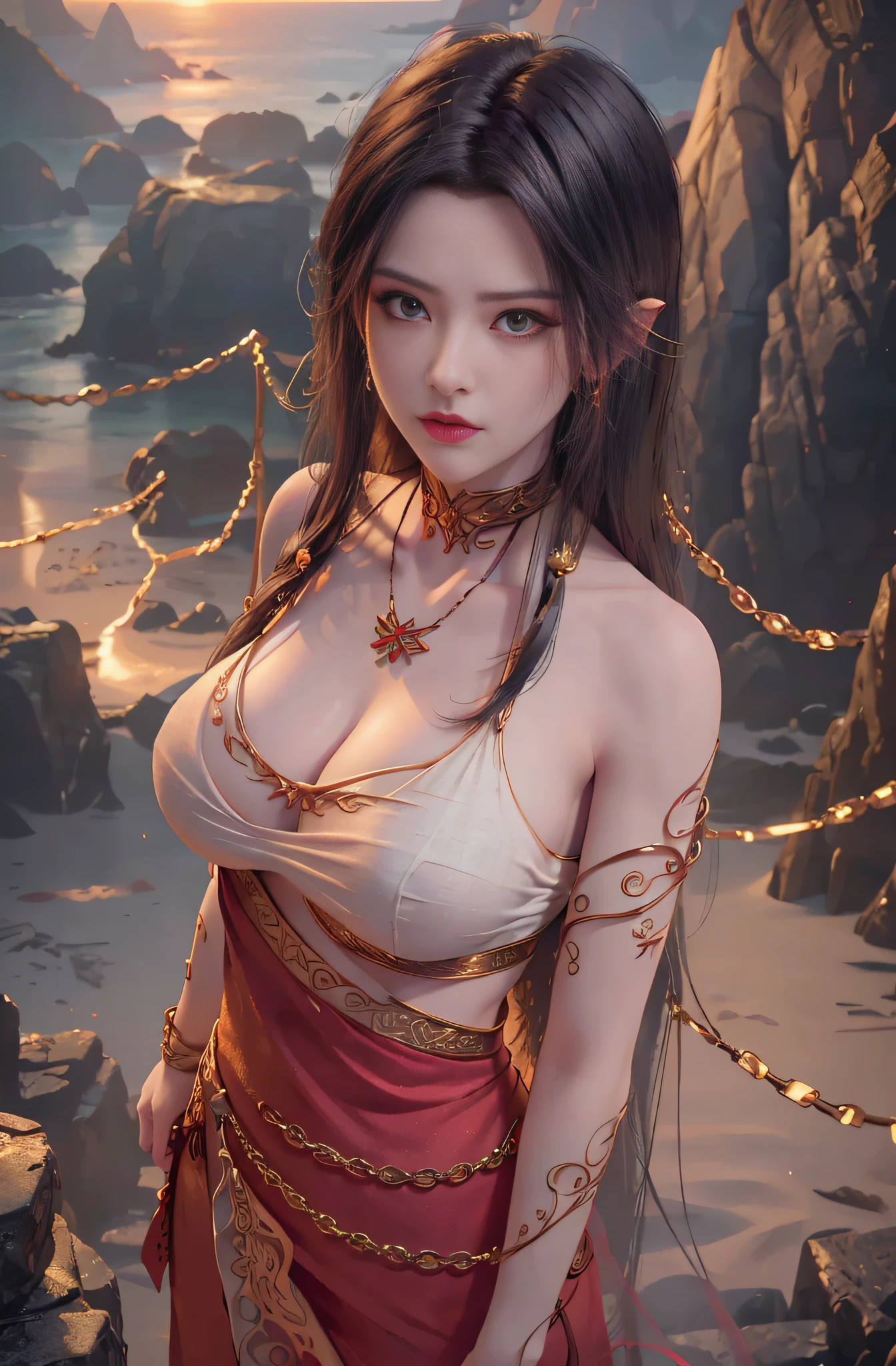 (RAW Photo, Best Quality), (Realistic, Photo Realistic: 1.3), Best Quality, Highly Detailed, Masterpiece, Hyperdetail, Illustration, 1 Girl, upper_body, Dynamic Angle, ((Beach)), messy_long_hair, Best Quality, Extremely Detailed CG Uniform 8k Wallpaper, Ink, Amazing, Cinematic Lighting, lens_flare,dunhuang_style