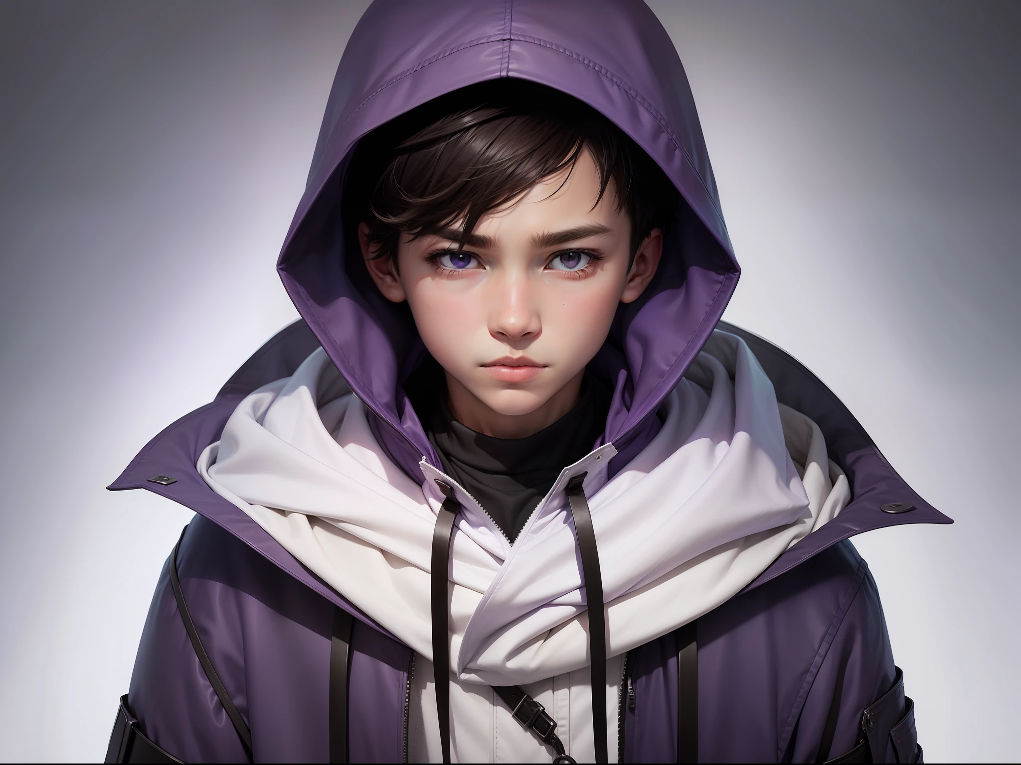boy with hood, purple coat, white background
, realist
