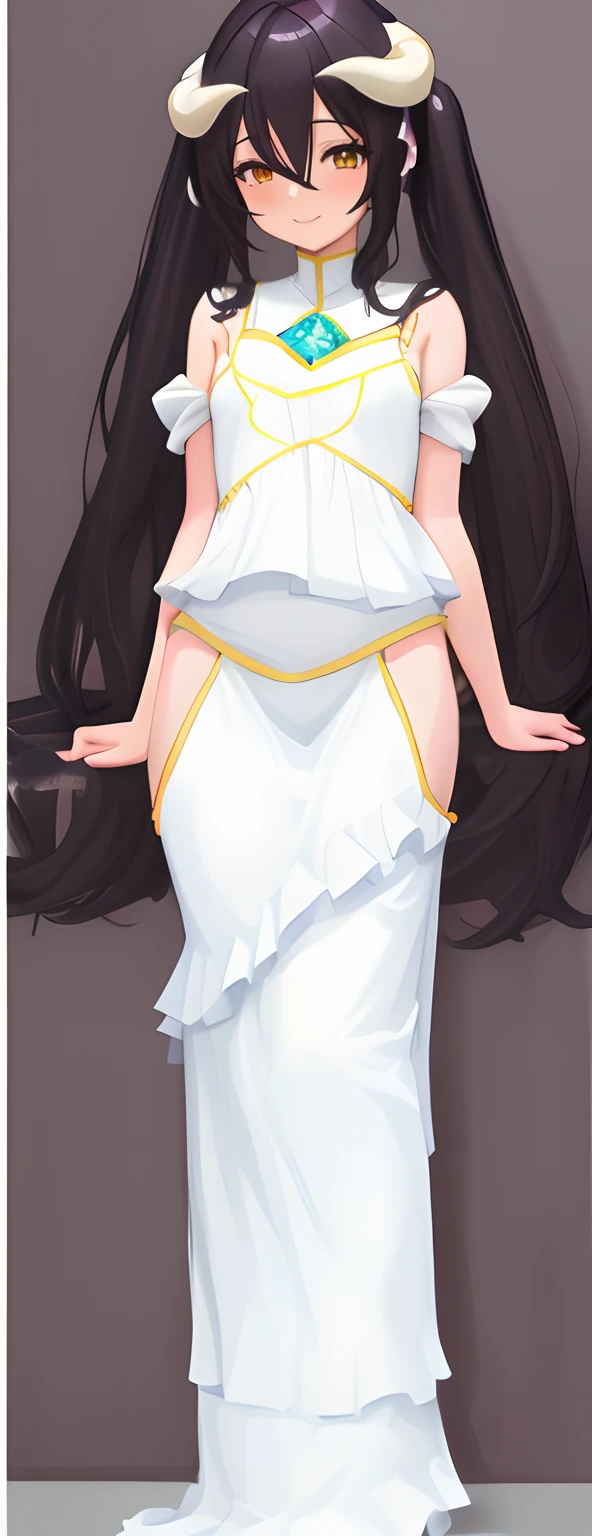 um desenho de uma mulher em um vestido com cabelo longo, twintails branco_Luvas, anime full body illustration, sombreamento fresco, lineart preto espesso, linearidade espessa, sombreamento pesado, corpo perfeitamente sombreado, single character full body, Menina anime com cabelo longo, sombreamento simples, full length illustration, detailed manga style, small curvy loli, detalhes do corpo inteiro,obra-prima, melhor qualidade, highres, al1, demonic horns, pupilas de fenda, luvas brancas, vestido branco, ombros nus, colarinho destacado, decote, asas pretas, asas emplumadas, asas baixas, tiro de cowboy, standingn, sorriso, masmorra, sorriso maligno