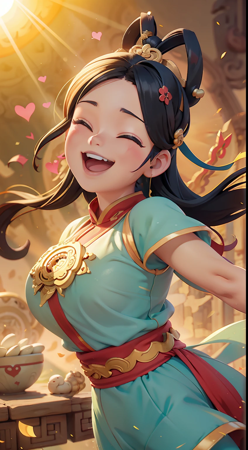 A girl, Upper body, (huge Laughing:1.1), (Open mouth:1.1), (opens his eyes wide:1.2), Sun glare, Bokeh, Depth of field, The background is blurred out, Light particles, strong winds, (Heart particles:1.1),dunhuang,Chinese Ancient Times