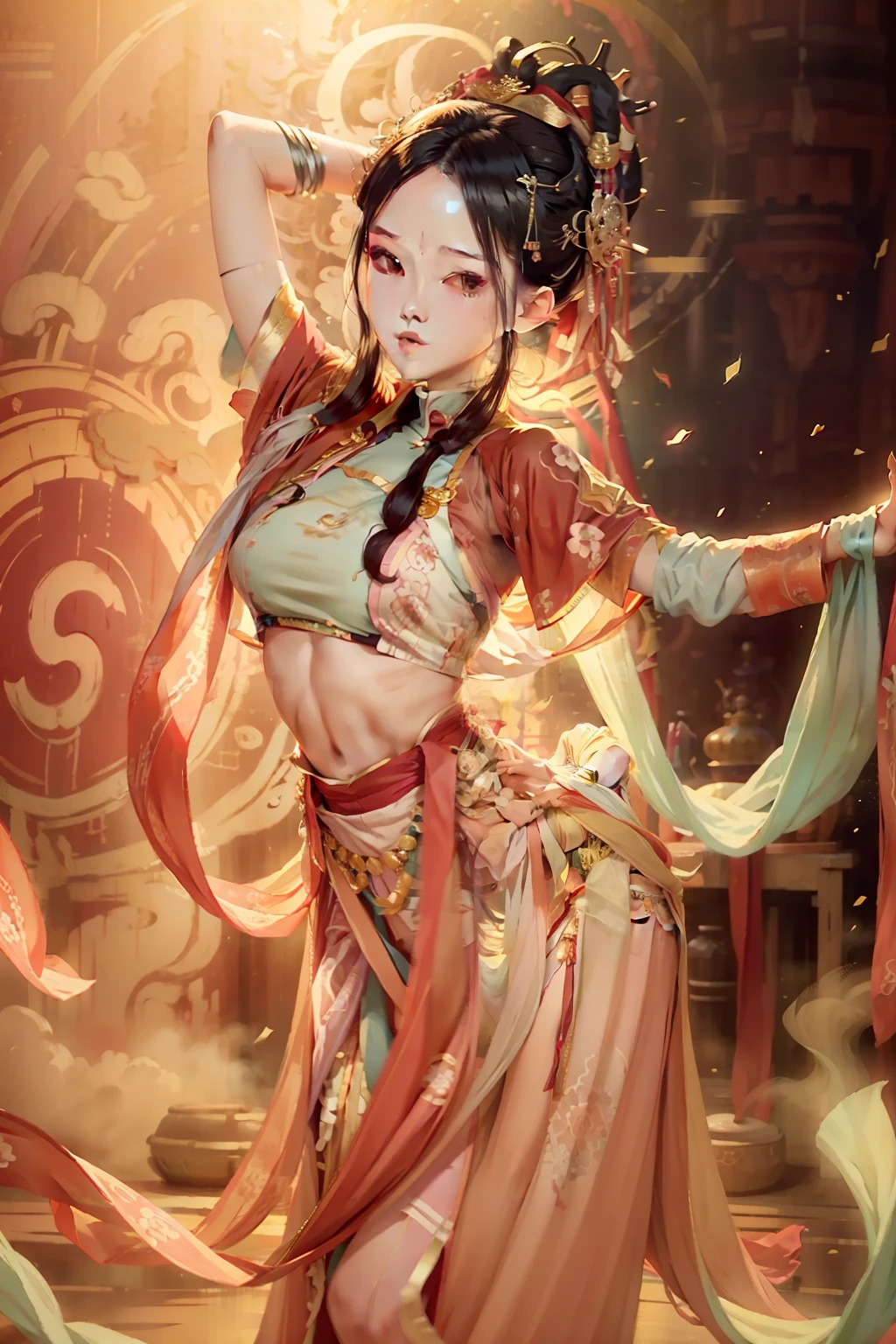 tmasterpiece，illustration，8K，Young woman，Body slim，dances，period costume，Hanfu，（pastel colour：1.2）