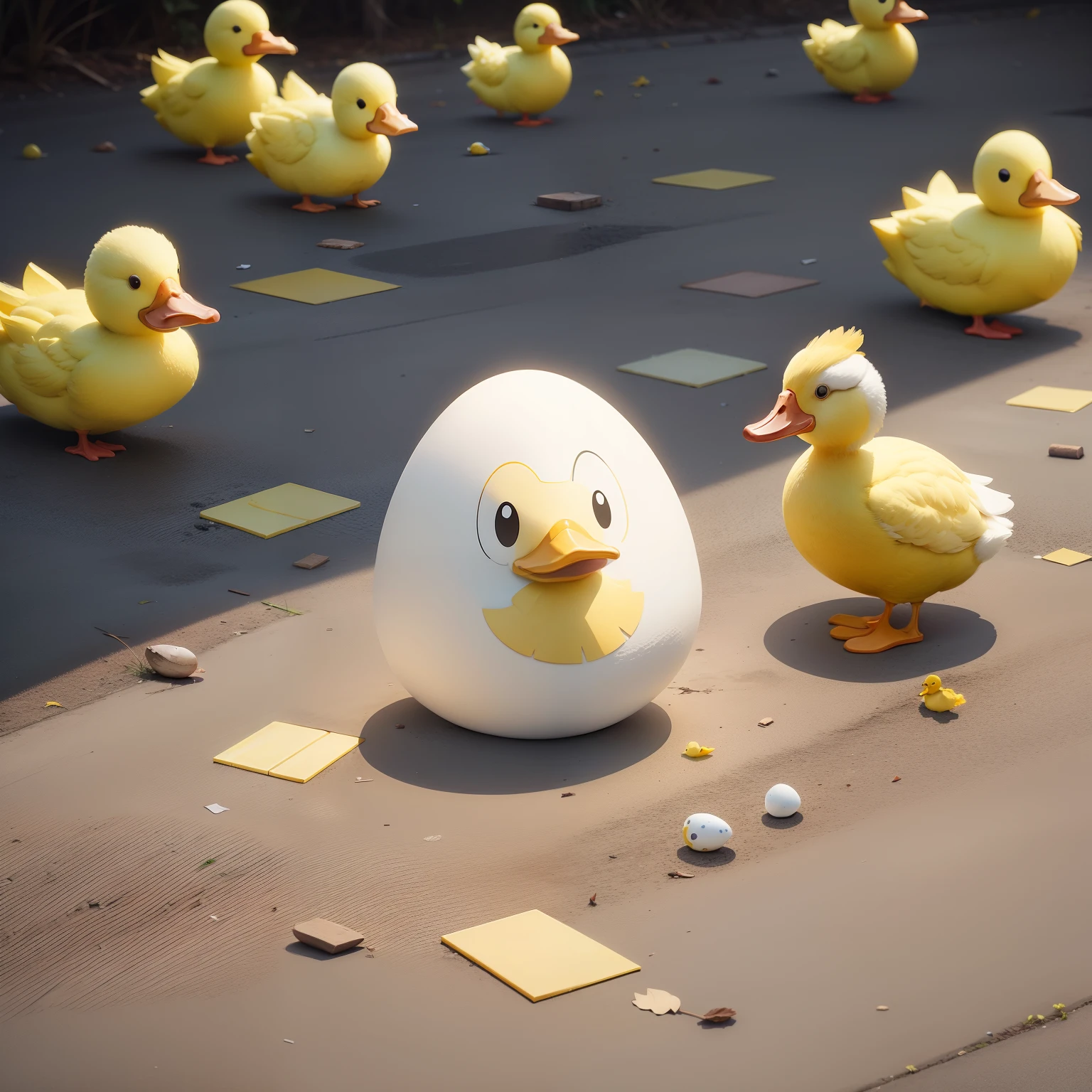 There is a broken egg, a yellow duck on the ground