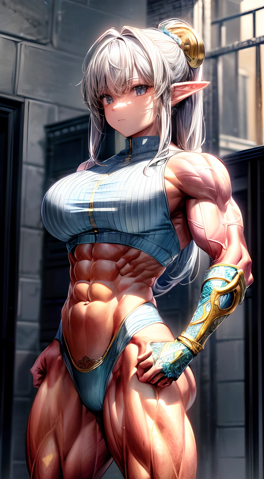 (BEST lighting) , (ultra intricately detailed) , 4K unification, (super-detailed CG: 1.2) , (8K: 1.2),(Original), (Masterpiece) , (Best quality),(Masterpiece:1.4),Anime-ish high quality,(Masterpiece),Masterpiece, Best quality, absurderes,((masterpeace, 4K, 8K, Yes, A high resolution))1girll, Female elf,She was in the open snow,standing on your feet,Exposing the abdomen, Crop topping,Light blue armor,gold bracers, Spring, Boots, Perfect figure, Long silver hair, Dynamic pose, ((body builder:1.5)),Temple background,(Beautiful bace),(Girl),(Female),(((Upper body:1)))