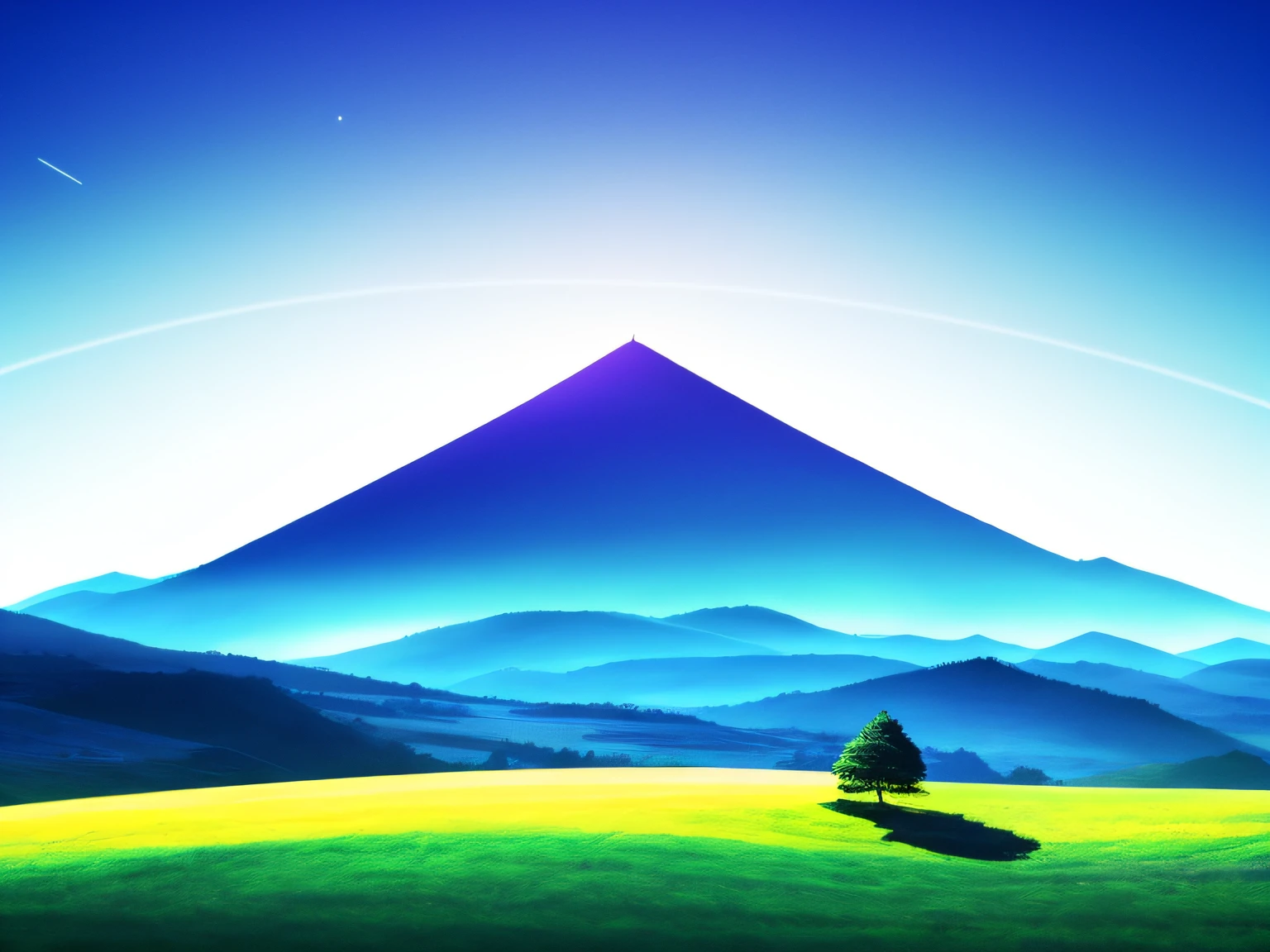 There is a tree standing on the hill,In the background are the sky, Landscape wallpaper, Nature wallpaper, Beautiful Dreamy Landscape, scenery wallpaper, Beautiful landscape, Nature views, lindo cenario, Beautiful wallpaper, peaceful landscape, wallpaper hd, Dreamy landscape, Beautiful art UHD 4 K, warm beautiful scene, setting is bliss wallpaper, landscape 4k, Bright landscape,Wireframe neon line,(deep colour:1.2)The background is(Line polygon mountain:1.2),(Saturn with rings behind the mountain:1.2),Snthwve style wallpaper