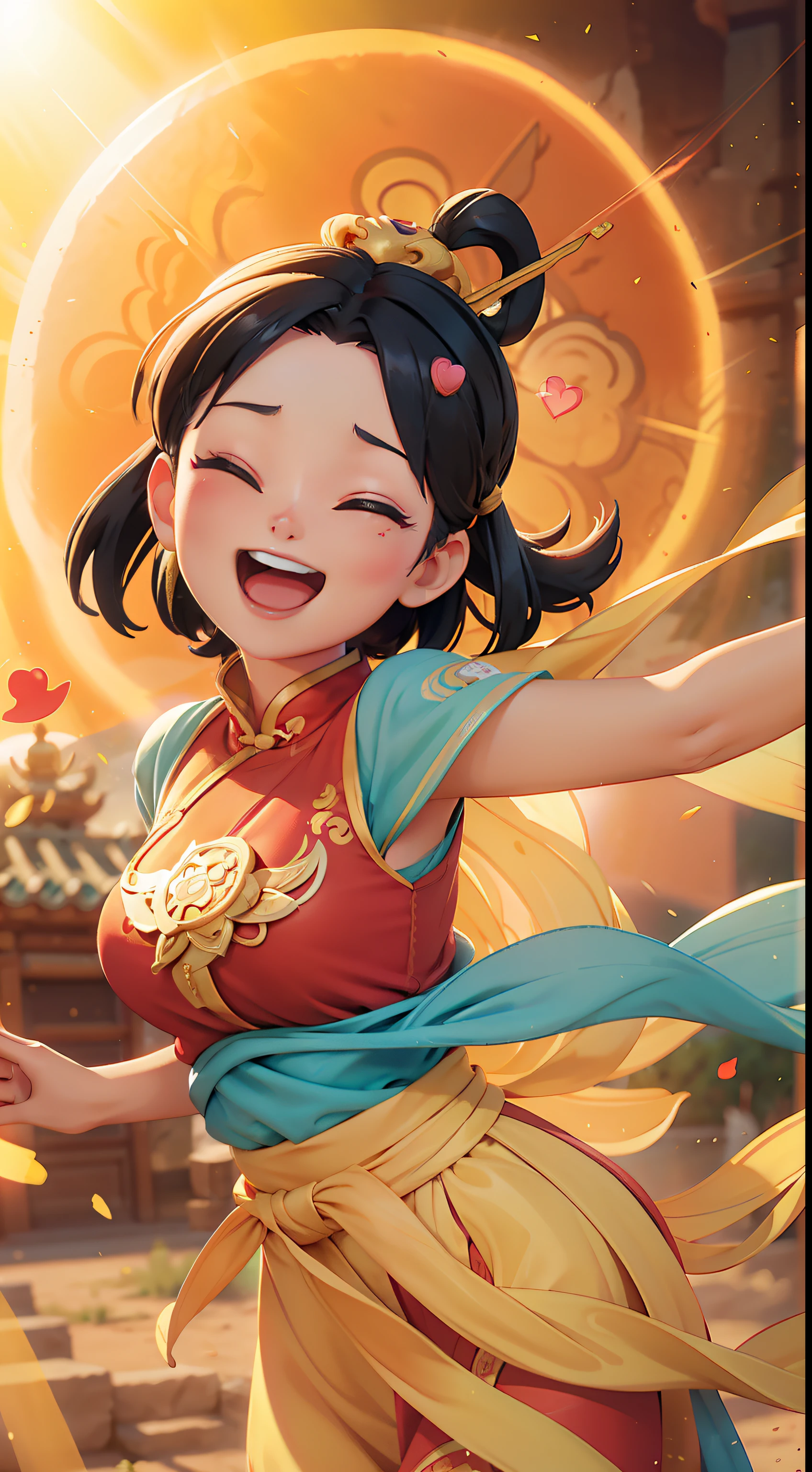 A girl, (huge Laughing:1.1), (Open mouth:1.1), (opens his eyes wide:1.2), Sun glare, Bokeh, Depth of field, The background is blurred out, Light particles, strong winds, (Heart particles:1.1),dunhuang,Chinese Ancient Times