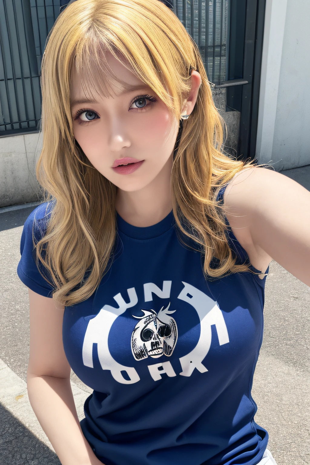 (1girl),large breasts,  breasts, tan, dewy skin, sweaty skin, wavy blonde hair, punk tshirt, punk girl