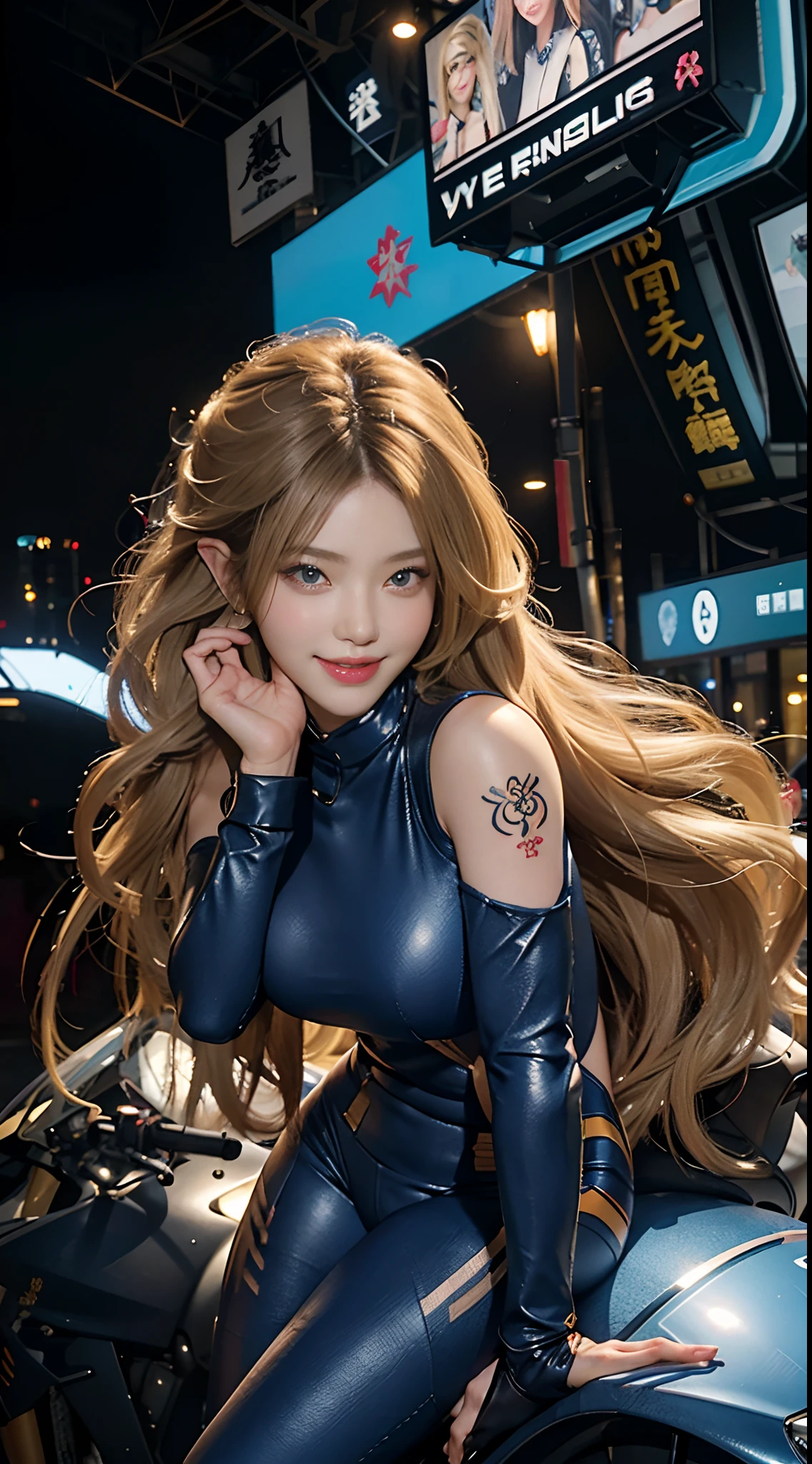 The highest image quality，Excellent detail，超高分辨率，（真实感：1.4），The best illustrations，Favor detail，Highly concentrated 1girl，exquisite and beautiful face，huge boob，Sexy dressed in black and blue mechs，wearing a mech helmet，Hold the direction controller，riding a motorcycle，the background is a high-tech lighting scene of the city of the future。Female((30 age old)), Hair((Wavy, Long, Blonde)), Eyes((Smart eyes Eyes)), Wear a racing suit, Accessories ((tattoo)), Bigboobs, Korean makeup, Arena,  sunglasses,Smile Expression,，Long ears，elvish ears，Full body like，onesie，Packed tightly，upper legs