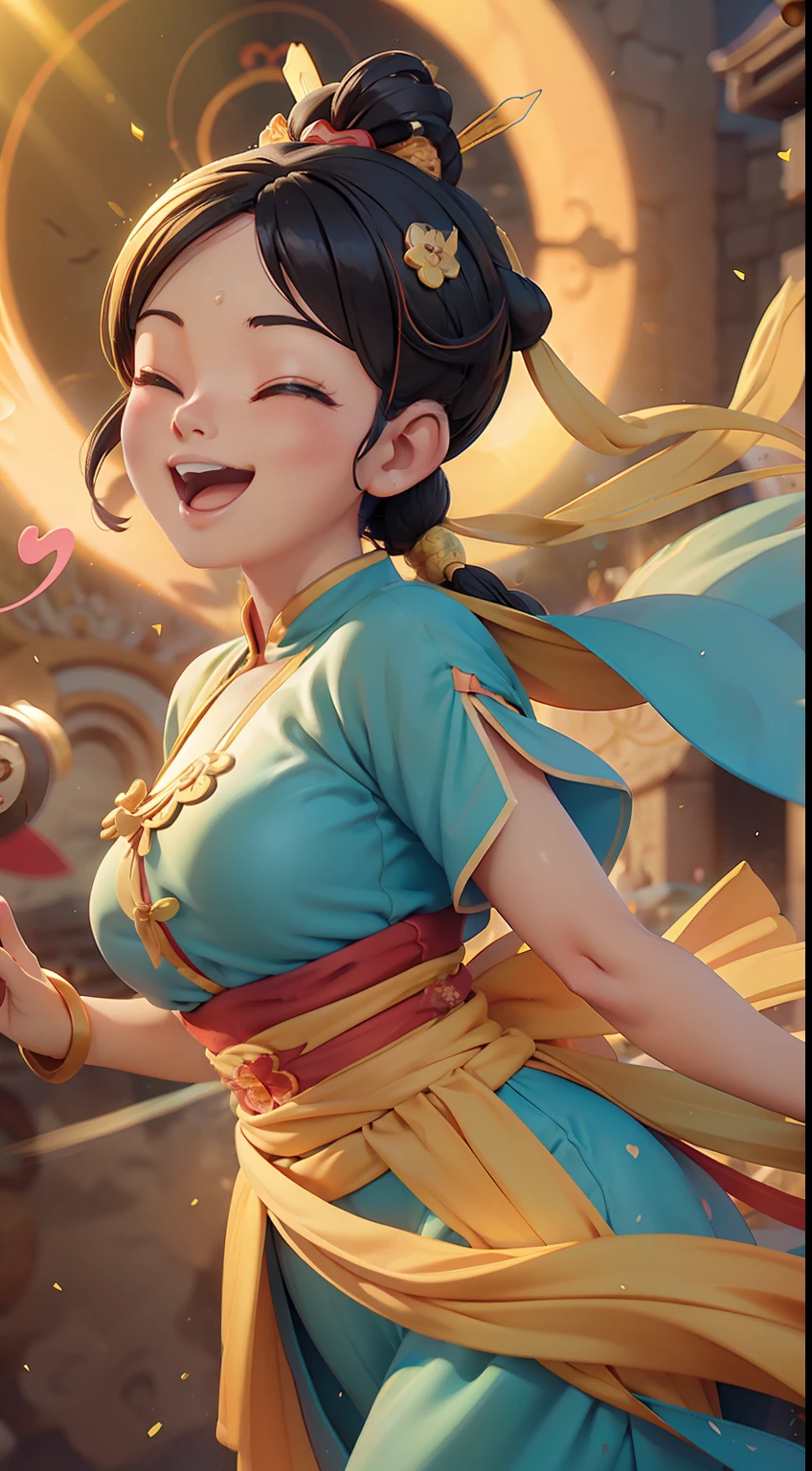 A girl, Upper body, (huge Laughing:1.1), (Open mouth:1.1), (opens his eyes wide:1.2), Sun glare, Bokeh, Depth of field, The background is blurred out, Light particles, strong winds, (Heart particles:1.1),dunhuang,Chinese Ancient Times,Fly up