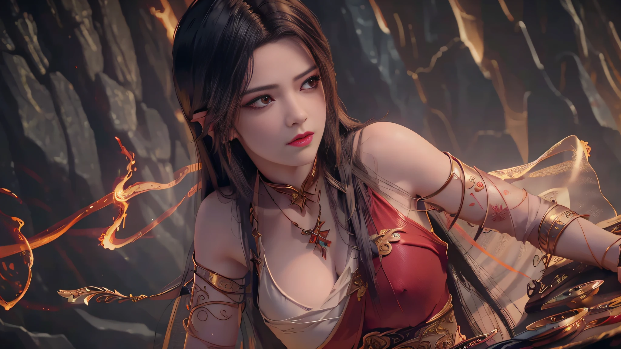 (RAW photo, best quality), (realistic, photo-realistic:1.3),best quality,highly detailed,masterpiece,ultra-detailed,illustration,1girl,upper_body,dynamic angle,world masterpiece theater,messy_long_hair,best quality,extremely detailed CG unity 8k wallpaper,ink,Amazing,cinematic lighting,lens_flare,,dunhuang_style