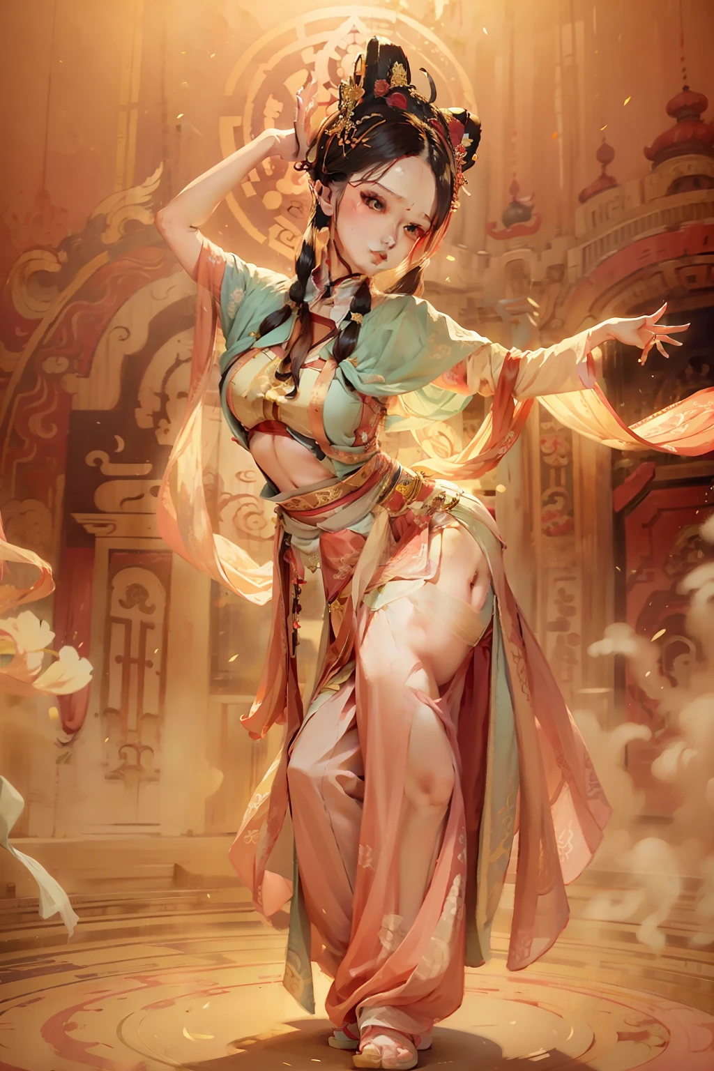 tmasterpiece，illustration，8K，Young woman，Body slim，dances，period costume，Hanfu，（pastel colour：1.2）