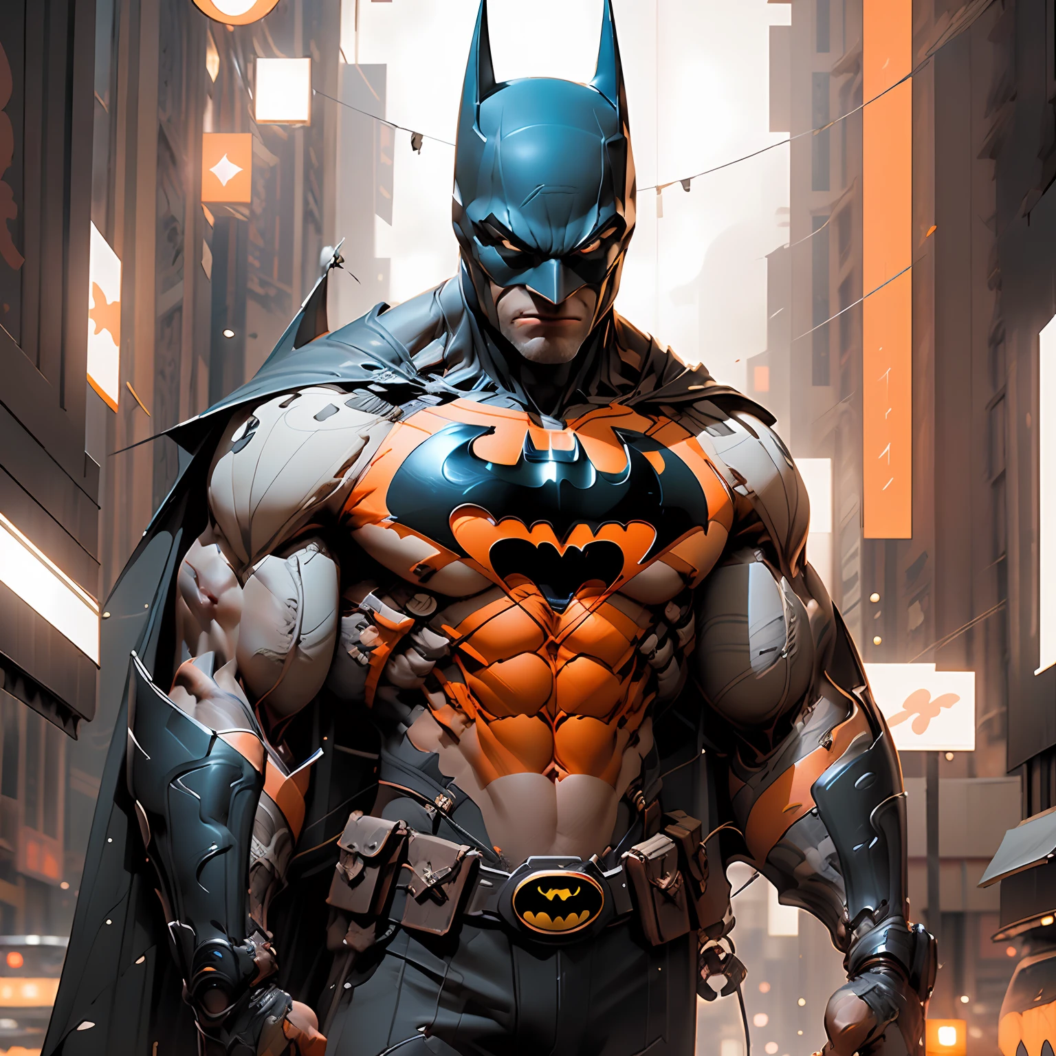 analogue style, obra-prima, 8k, UHD, HDR, DSLR, alta qualidade, grain of film, Fujifilm XT3, soft-lighting, Anel luminoso, studio illumination, sombras escuras, (luz de fundo blacklight), tiro ambiental grande angular, foto digital bruta do (((Batman))), ((laranja e branco)) , volumeric lighting, nebuloso, nebuloso, reflexos de luz, Bokeh Trend at Artstation, foco nítido, Studio photo, detalhes intrincados, altamente detalhado