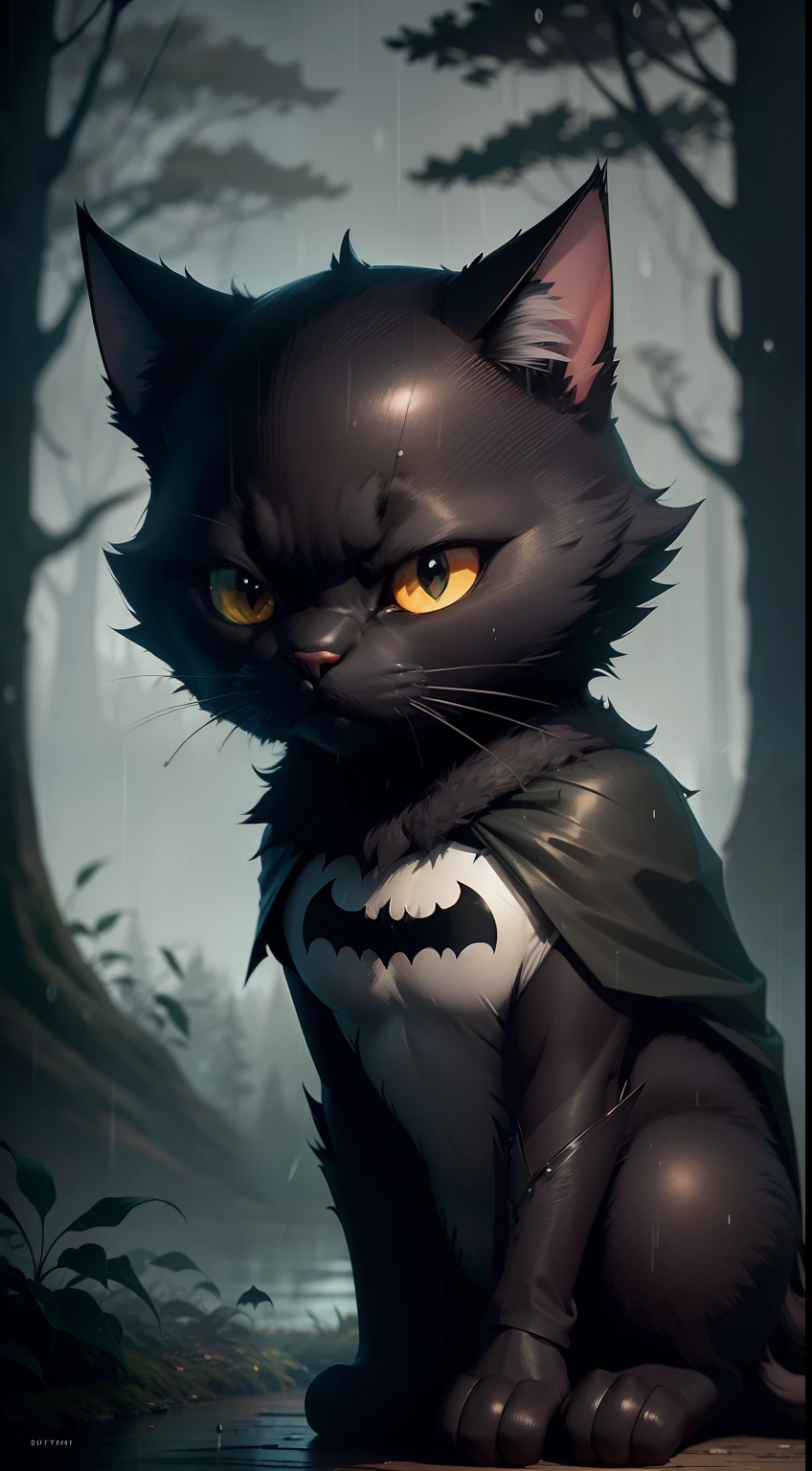 Create a vibrant dark fantasy cute batman cat in a clean-lined minimalistic cartoon style, in the background a beautiful forest, rain, octane render, 8k