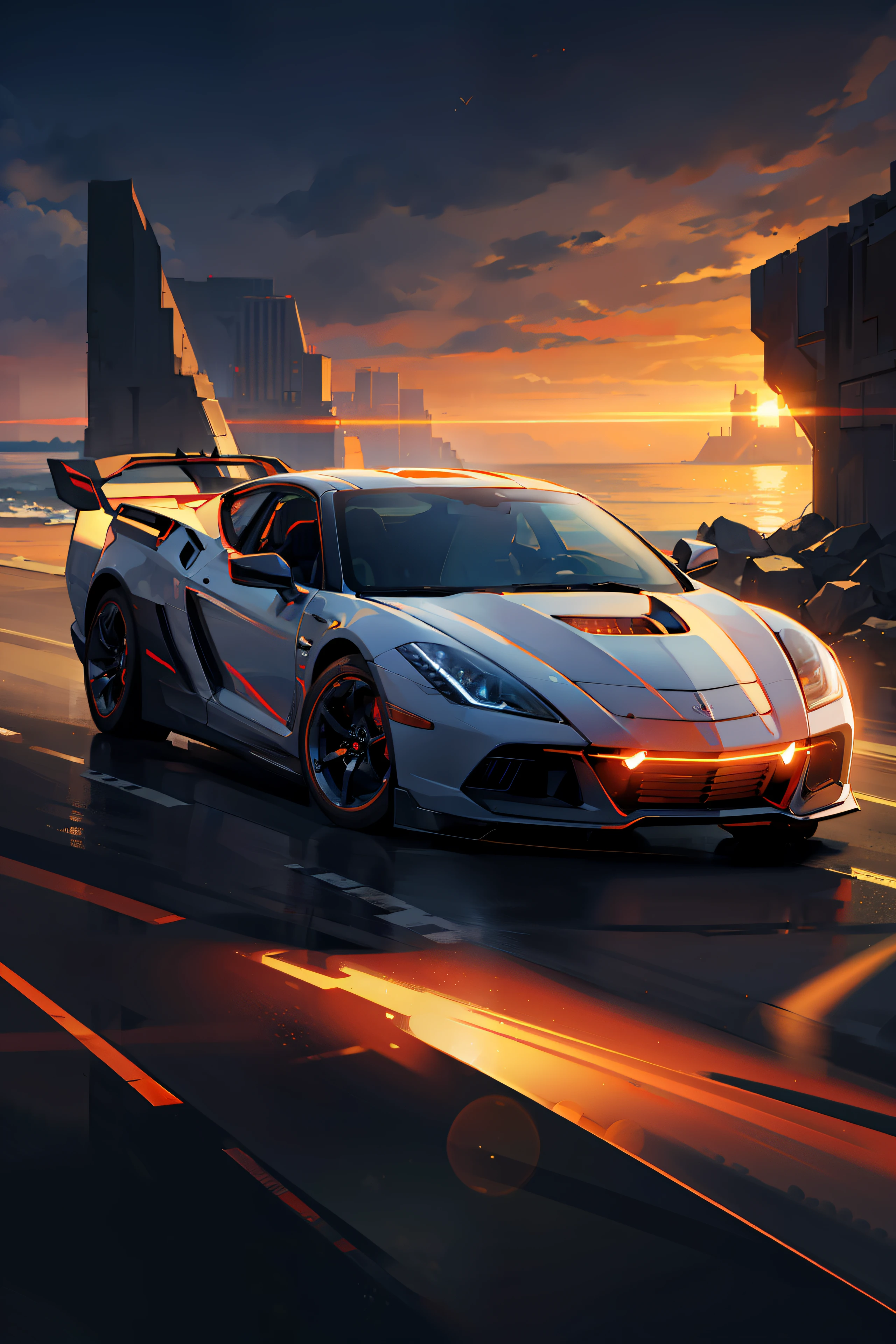 (nvinkpunk: 1.2) (snthwve style: 0.8) Corvette, light wave, sunset, complex and elaborate design