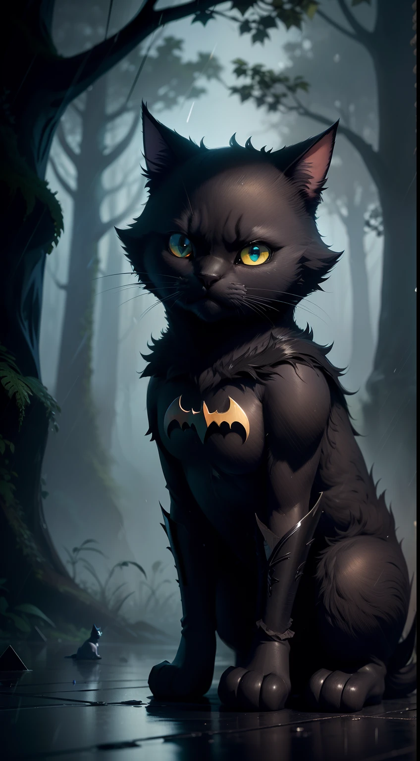 Create a vibrant dark fantasy cute batman cat in a clean-lined minimalistic cartoon style, in the background a beautiful forest, rain, octane render, 8k