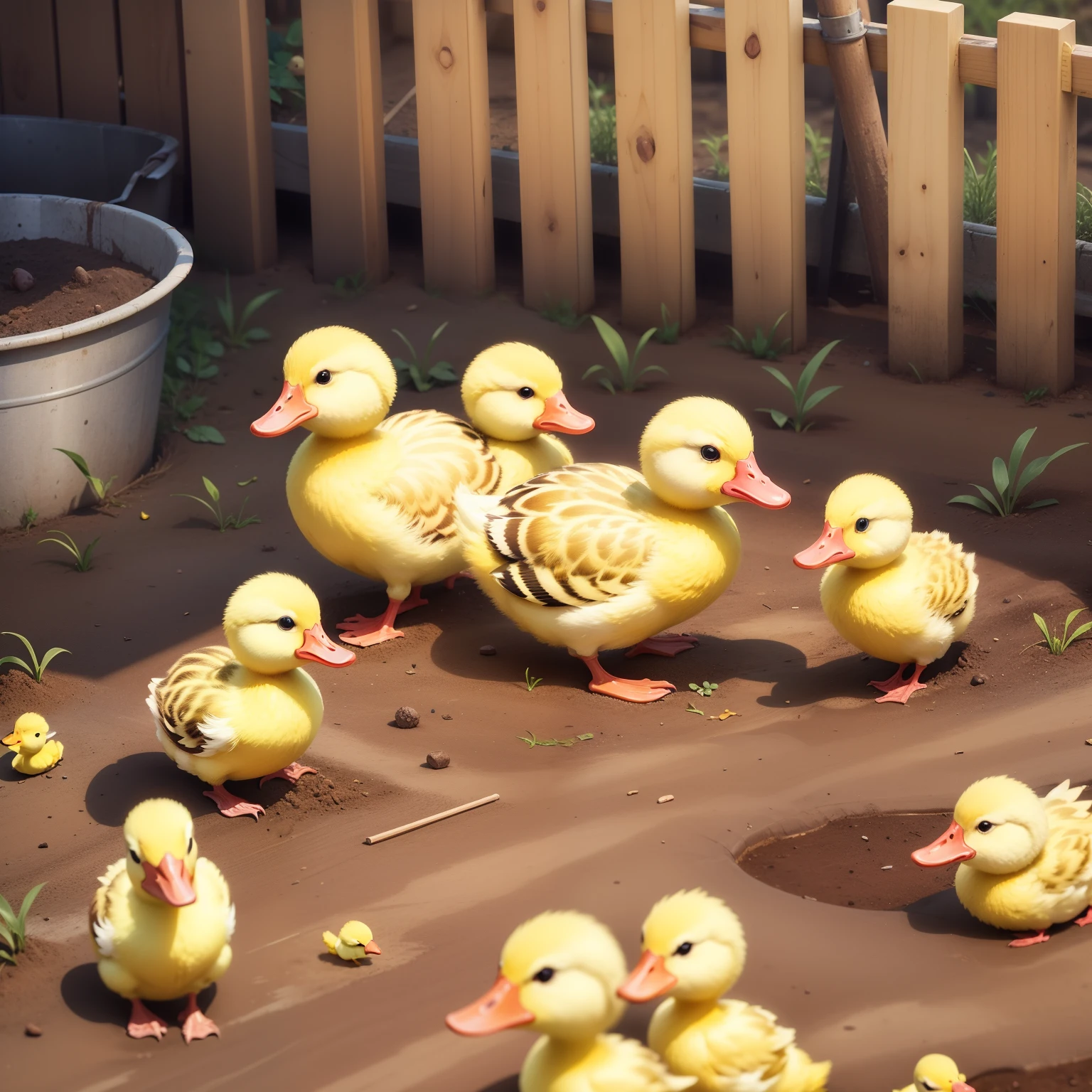 There are 5 yellow ducklings, dirt yard