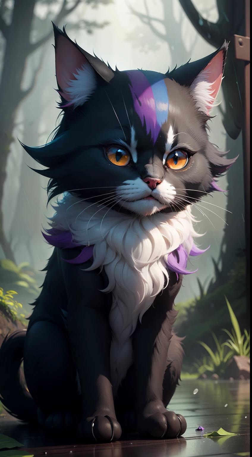 Create a vibrant dark fantasy cute joker cat in a clean-lined minimalistic cartoon style, in the background a beautiful forest, rain, octane render, 8k
