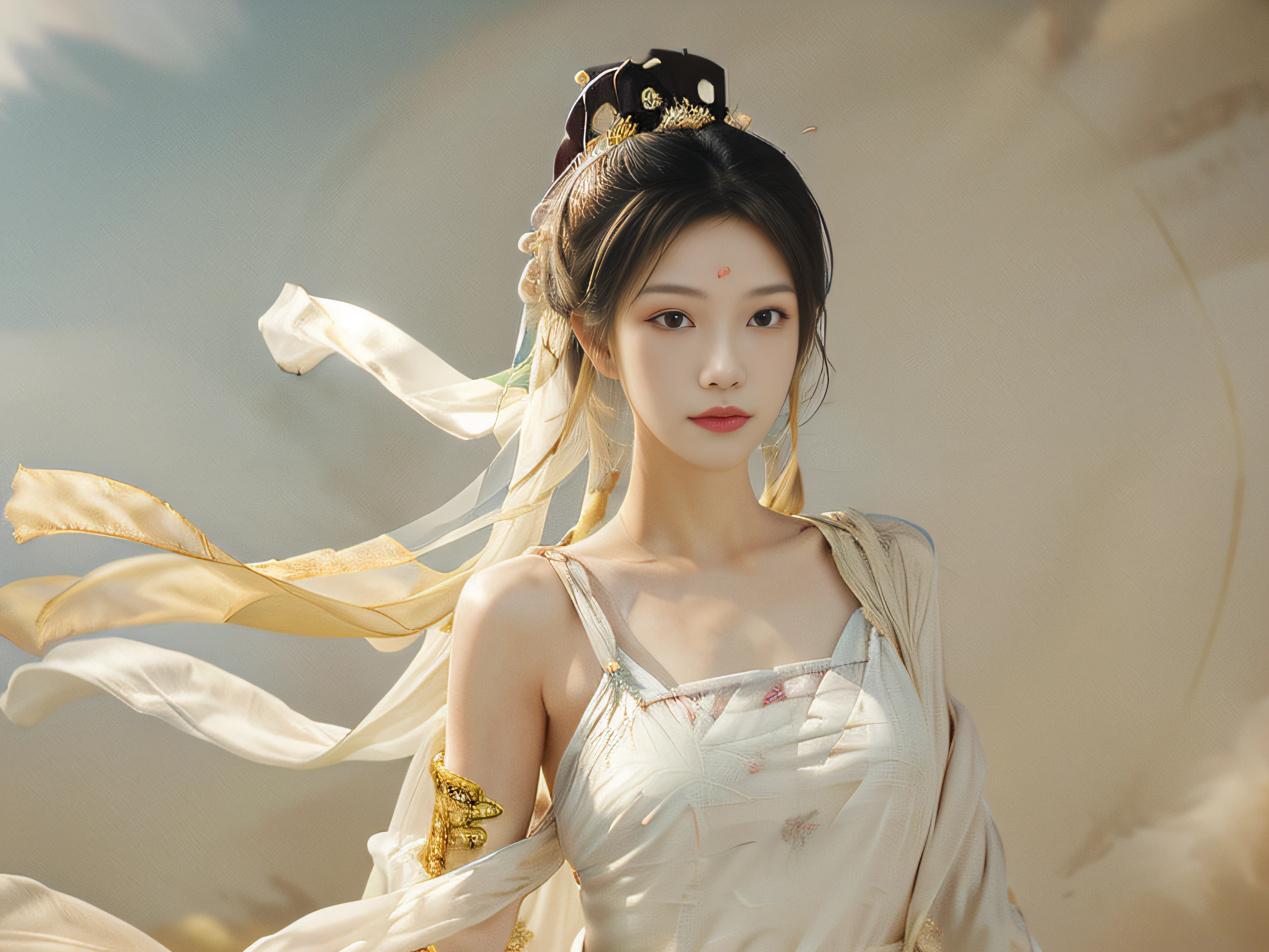 1 girl, (white robe), in a charming scene, delicate and beautiful features, big eyes looking at you, dance, Dunhuang costume, Dunhuang style, arms, with ribbons dancing, golden jewelry, ancient Chinese hairstyle, hairspring, streamers, Flying in the air,light makeup, eye shadow, brow lines, (face), dynamics, petals flying, details, jewelry, earrings, bracelets, shoulders, complex textures, chest, Guqin, pipa, natural expression, charming smile, a beautiful woman in a flowing white Chinese robe flying in the air, soaring through the clouds. The wind gently lifted her robes, emphasizing the feeling of flight as they gracefully flew away over an ethereal cloud scene