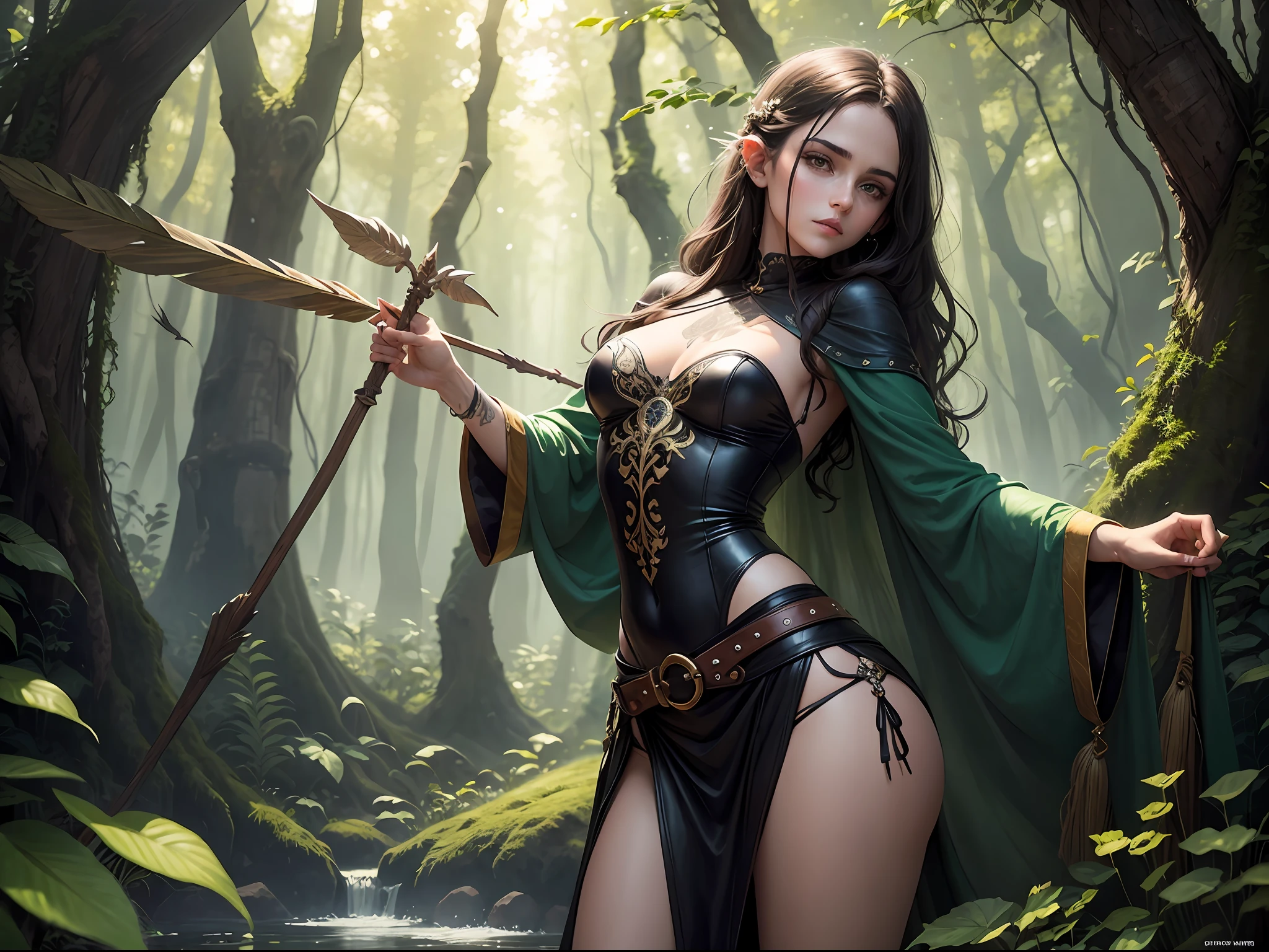 In the heart of an ancient and enchanted forest, where sunlight filtered through leaves dwells a strikingly beautiful Emma Watson as an elf girl. Her presence was a harmonious blend of ethereal grace and fierce determination, a true embodiment of the forest's magic. her lithe form was a testament to her agility and strength, her skin bore a flawless olive hue, kissed by the sun and adorned with intricate patterns of ivy leaves tattooed in shimmering shades of green, a tribute to her deep connection with the forest. Eyes the color of a tranquil forest pool gazed out from beneath arched brows, an entrancing shade of emerald that held the wisdom of centuries gone by. Long, raven-dark hair cascaded down her back in untamed waves, seemingly woven from the threads of midnight itself, occasionally adorned with small flowers and feathers as symbols of her bond with the creatures she protected. Her attire was a harmonious blend of practicality and elegance. A fitted tunic of supple forest-green leather clung to her form, allowing her freedom of movement while providing protection. Intricately designed patterns of leaves and vines were etched into the leather, a true work of art that mirrored the very forest she called home. Tied at her waist was a leather belt adorned with pouches and quivers, holding her arrows with an air of readiness.