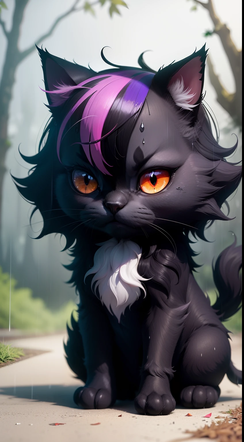 Create a vibrant dark fantasy cute joker cat in a clean-lined minimalistic cartoon style, in the background a beautiful forest, rain, octane render, 8k