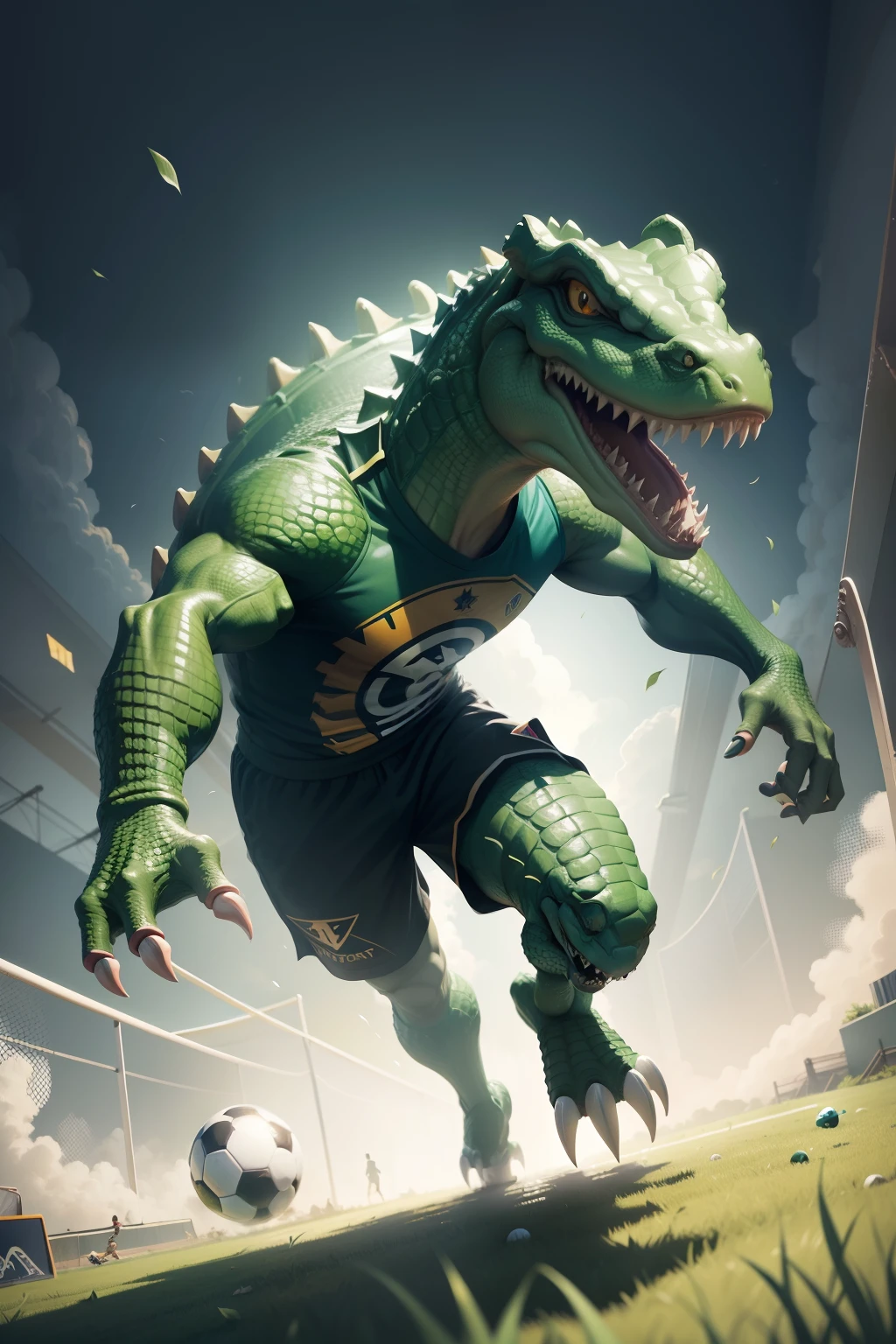 Make a flyer with humanoid crocodile playing soccer, illustration style,
