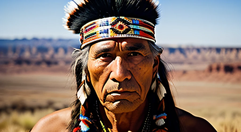 Native american male, tribal leader, apache, old, wise, taken from history books. (Best quality, Ultra realistic, Human realistic, 8k)