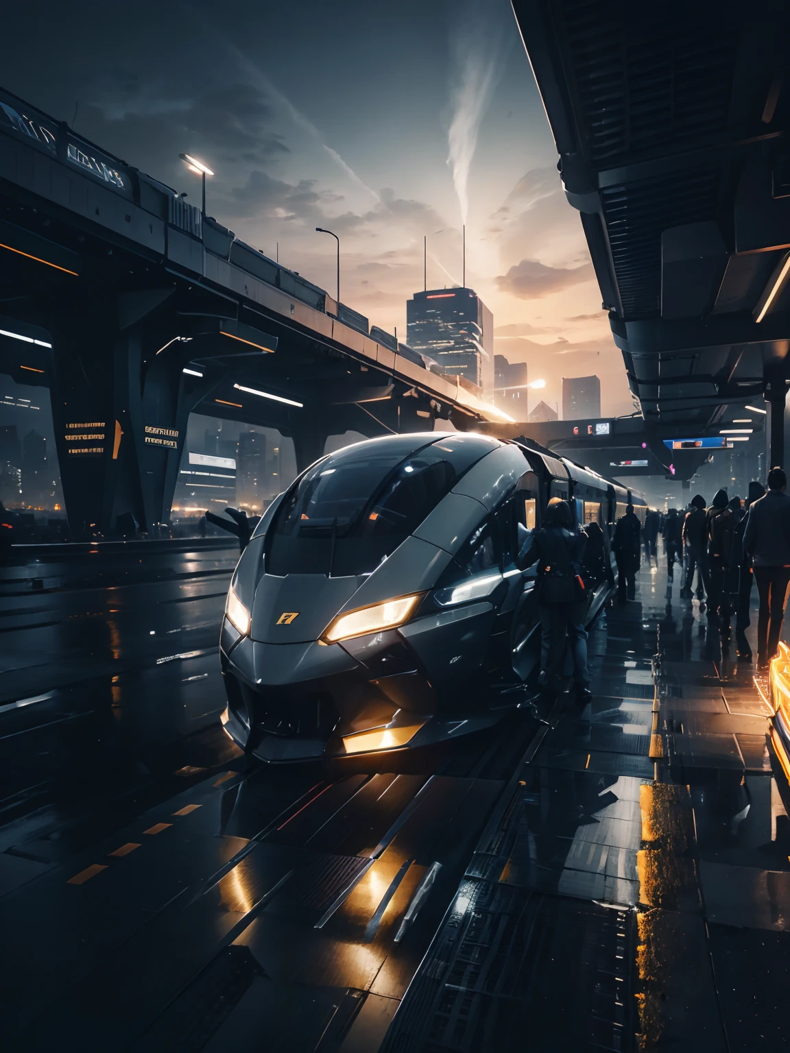 Speed line effect:1.5, Capture the future network era of high-speed rail,Train,The train of the future,orbiting,Extraordinary and highly detailed railroad track artwork。The car has a stylish and futuristic design,Metal finish,Displays complex lines,And decorated with vibrant neon lights。The tires emit an attractive blue electric light,Added dynamic energy of the scene:1.5。Cars seem to be speeding through the cityscape at night:1.5,Buildings and skyscrapers are illuminated by dazzling lights。This high-definition masterpiece is reminiscent of Sid Mead,The best works of art by visionary artists like Daniel Simon and Scott Robertson,(((best qualtiy))),(((ultra - detailed))),(((tmasterpiece))),Wallpapers