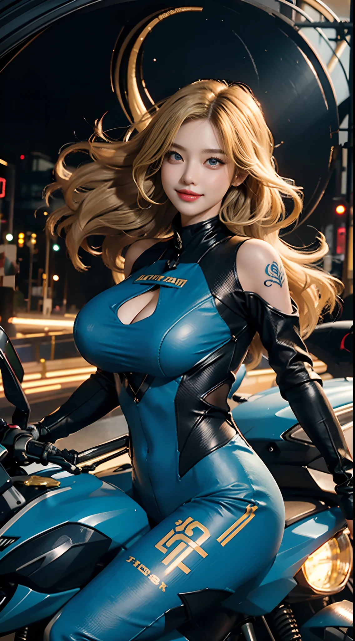 The highest image quality,Excellent detail,超高分辨率,(真实感:1.4),The best illustrations,Favor detail,Highly concentrated 1girl,exquisite and beautiful face,huge boob,Sexy dressed in black and blue mechs,wearing a mech helmet,Hold the direction controller,riding a motorcycle,the background is a high-tech lighting scene of the city of the future。Female((30 age old)), Hair((Wavy, Long, Blonde)), Eyes((Smart eyes Eyes)), Wear a racing suit, Accessories ((tattoo)), Bigboobs, Korean makeup, Arena, sunglasses,Smile Expression,,Long ears,elvish ears,Full body like,onesie,Packed tightly,upper legs