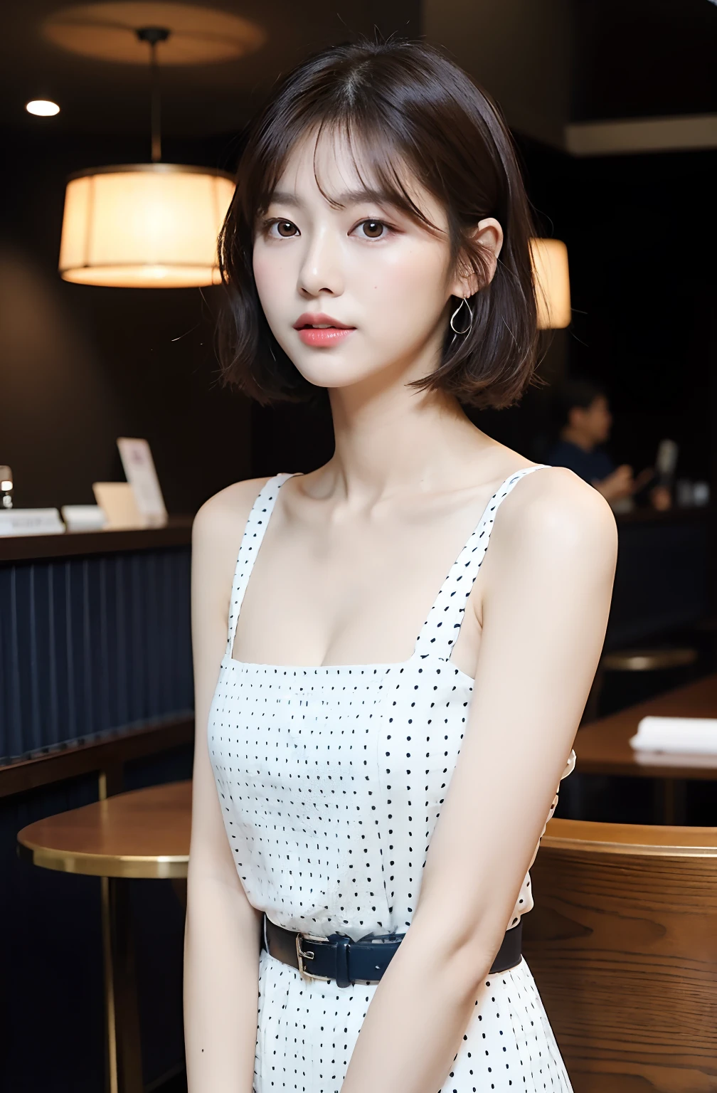 ((8K:1.27)、top-quality、masterpiece、超A high resolution:1.2)Photo Beautiful Japan woman(pleasing:1.1) Elegance、There is a good、Gradient lighting、1girl in、Delicate skin、Look here、Brown-eyed、(short hair with bangs:1.2)、(Medium chest:1.0)、(medium areola:0.8)、(realisitic:1.4)、(top-quality:1.0)、(超A high resolution:1.0)、8K、Raw photography、(masterpiece:0.2)、(pureerosface_v1:0.5)、 Fashion of the 60s、Clothes with classic designs、Actress style of the 60s、Retro dresses、classical、Neck design is roller color、White polka dots、Pop、a belt、Large dot pattern、White polka dots on navy blue fabric、Sleeveless、Chest invisible design、Kamimei、excited expressions、Red cheeks、want me、Staring at this、cafes、Table seating、subject、look down from above、Lean、、Watched、Good posture、up chest、up chest、SLR、Theatre Lobby、Small handbags、Staring at this、