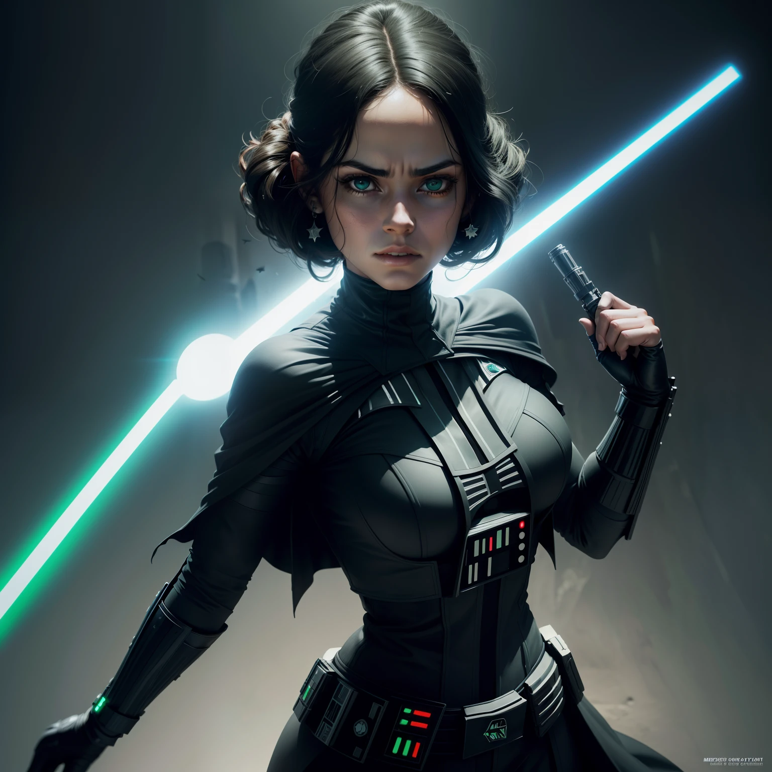 Retrato cuerpo entero, de dark vader (star wars) Mujer hermosa con grandes senos y gran trasero, using a green lightsaber, pose de batalla, muy detallado cg, textura detallada, hiperrealista, 8 k resolution, cinematography lighting