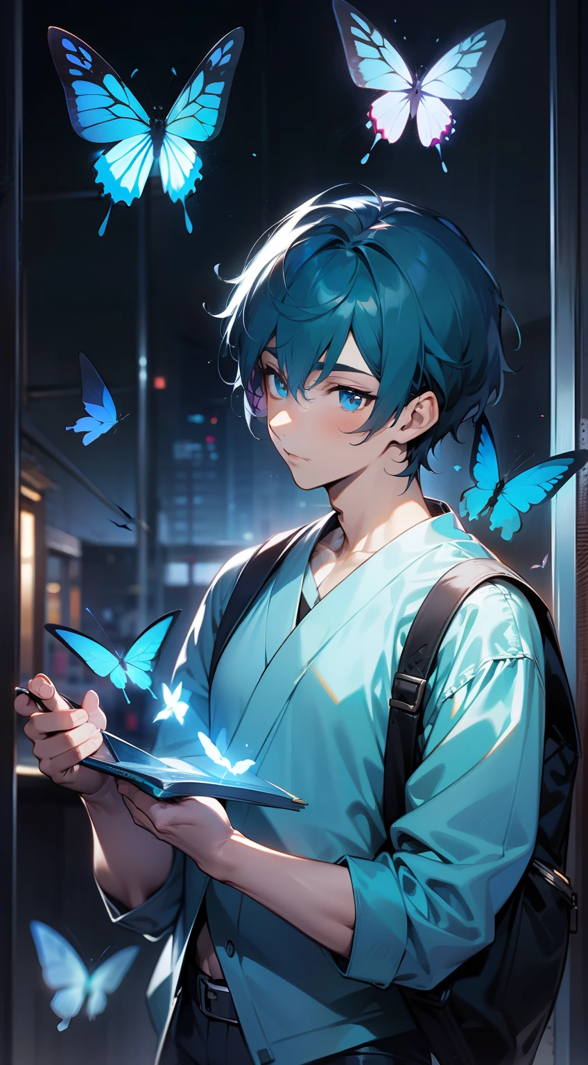 (down view),Dynamic Angle,Ultra-detailed, illustration, Best picture quality，detailed meticulous，Absolutely beautiful，Perfect facial features，Smooth skin，Handsome，High resolution soloist，light toned，Handsome（Weight 1.3），Full body like，High resolution gray shorts"，Standing with a bag in one hand，The other hand is placed on the chin，Gradient hair color，Gradient black-blue hair，Crystal-like hair，The inside is dyed blue，Black hair on the outside，Handsome boy, blue hair at the end of the hair, Dyeing,(废墟),(Night:1.2),Dreamy,soul,(Fluorescence),(flying translucent blue butterflies:1.15), [[Delicate fingers and hands:0.55]::0.85],(Detail fingers),(yubao:0.5),Upper body