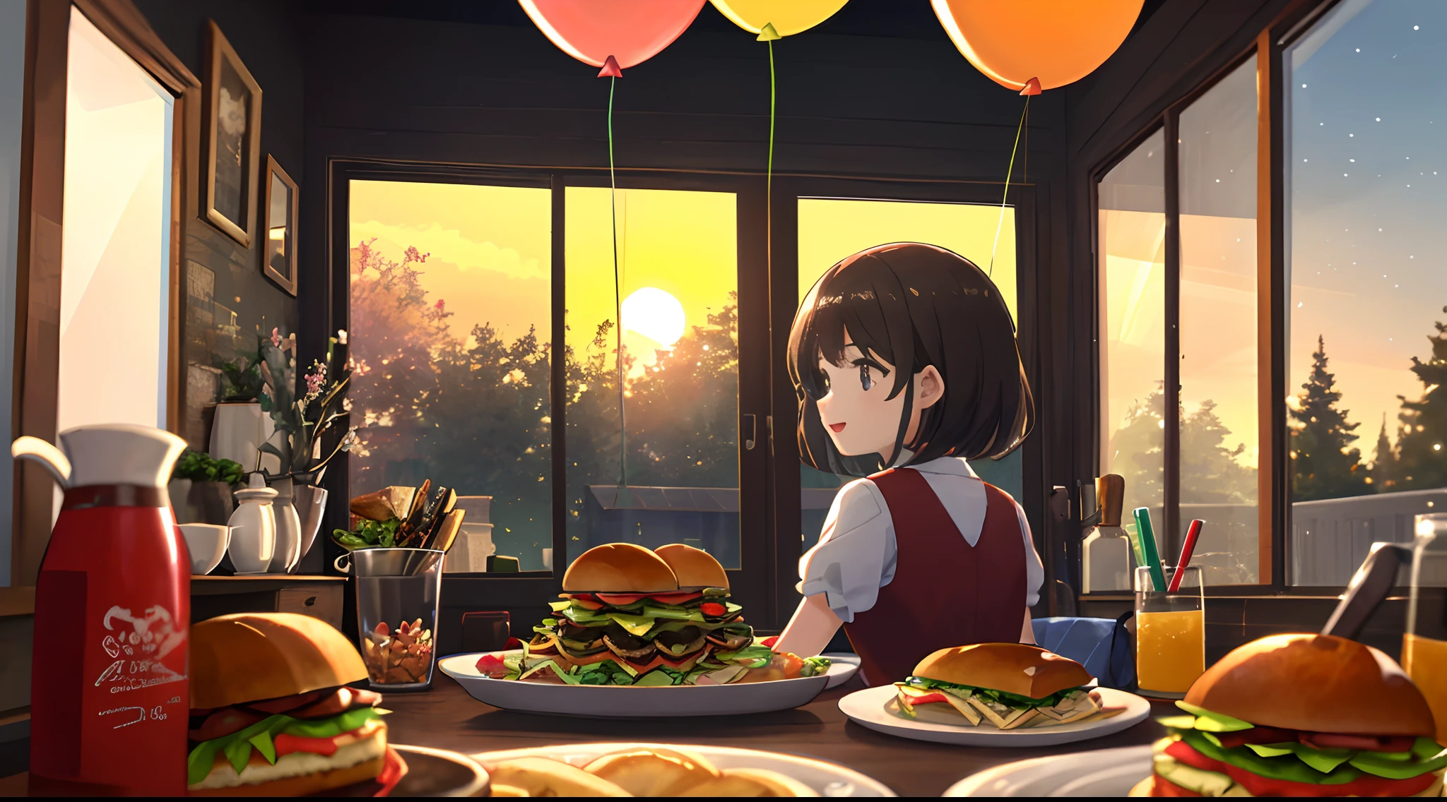 A cute ,There are a lot of good food in front of him,delicacies,dining room,Sandwiches,Many balloons,cheerfulness,rejoice,festive atmosphere,the setting sun,The light from the back window is backlighted,Perfect quality,Clear focus(Clutter - home:0.8), (tmasterpiece:1.2) (realisticlying:1.2) (bokeh) (best qualtiy) (detailedskin:1.3) (complexdetails) (8K) (detailedeyes) (Sharp focus),(having fun)