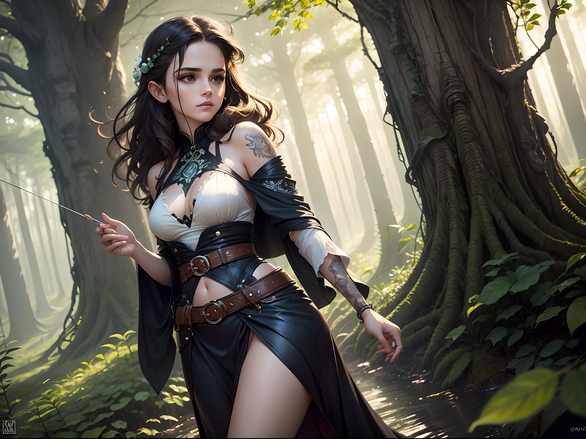 In the heart of an ancient and enchanted forest, where sunlight filtered through leaves dwells a strikingly beautiful teen Emma Watson as an elf girl. Her presence was a harmonious blend of ethereal grace and fierce determination, a true embodiment of the forest's magic. her lithe form was a testament to her agility and strength, her skin bore a flawless olive hue, kissed by the sun and adorned with intricate patterns of ivy leaves tattooed in shimmering shades of green, a tribute to her deep connection with the forest. Eyes the color of a tranquil forest pool gazed out from beneath arched brows, an entrancing shade of emerald that held the wisdom of centuries gone by. Long, raven-dark hair cascaded down her back in untamed waves, seemingly woven from the threads of midnight itself, occasionally adorned with small flowers and feathers as symbols of her bond with the creatures she protected. Her attire was a harmonious blend of practicality and elegance. A fitted tunic of supple forest-green leather clung to her form, allowing her freedom of movement while providing protection. Intricately designed patterns of leaves and vines were etched into the leather, a true work of art that mirrored the very forest she called home. Tied at her waist was a leather belt adorned with pouches and quivers, holding her arrows with an air of readiness.