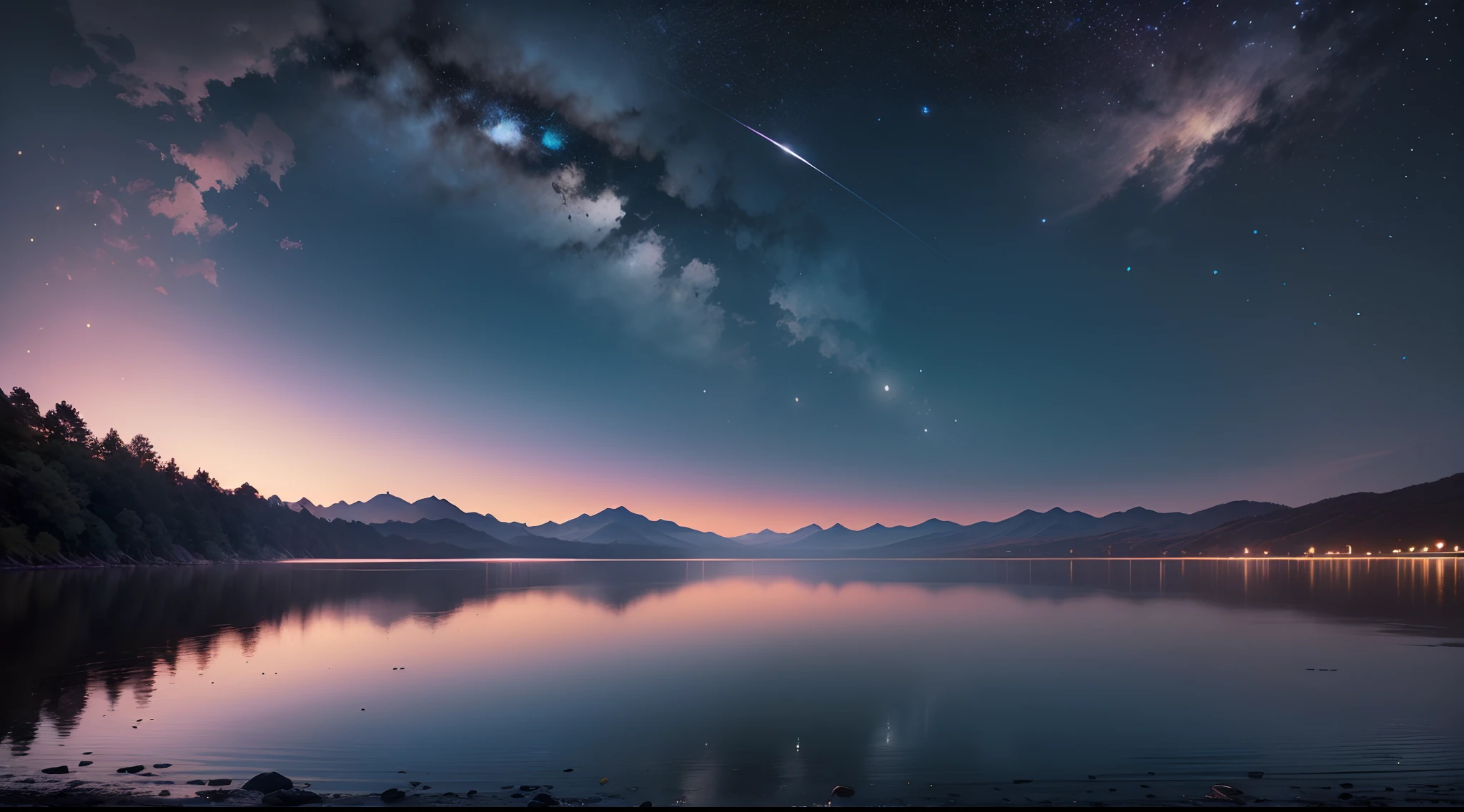 ((melhor qualidade)), ((master part)), (High detail), (Altas), 8k, olhando para o comprimento do universo, estrelas flutuantes, Reflexo do Universo no Lago , cinemactic, Modo escuro negativo --auto